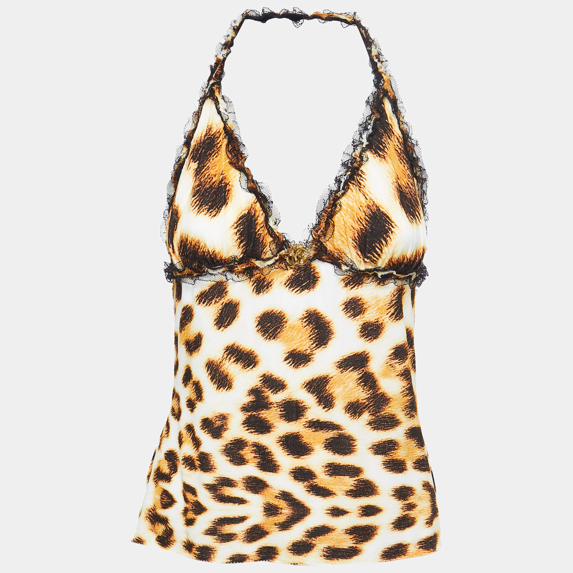 Pre Owned Dolce & Gabbana Black Animal Print Lace Trimmed Halter Neck Camisole L