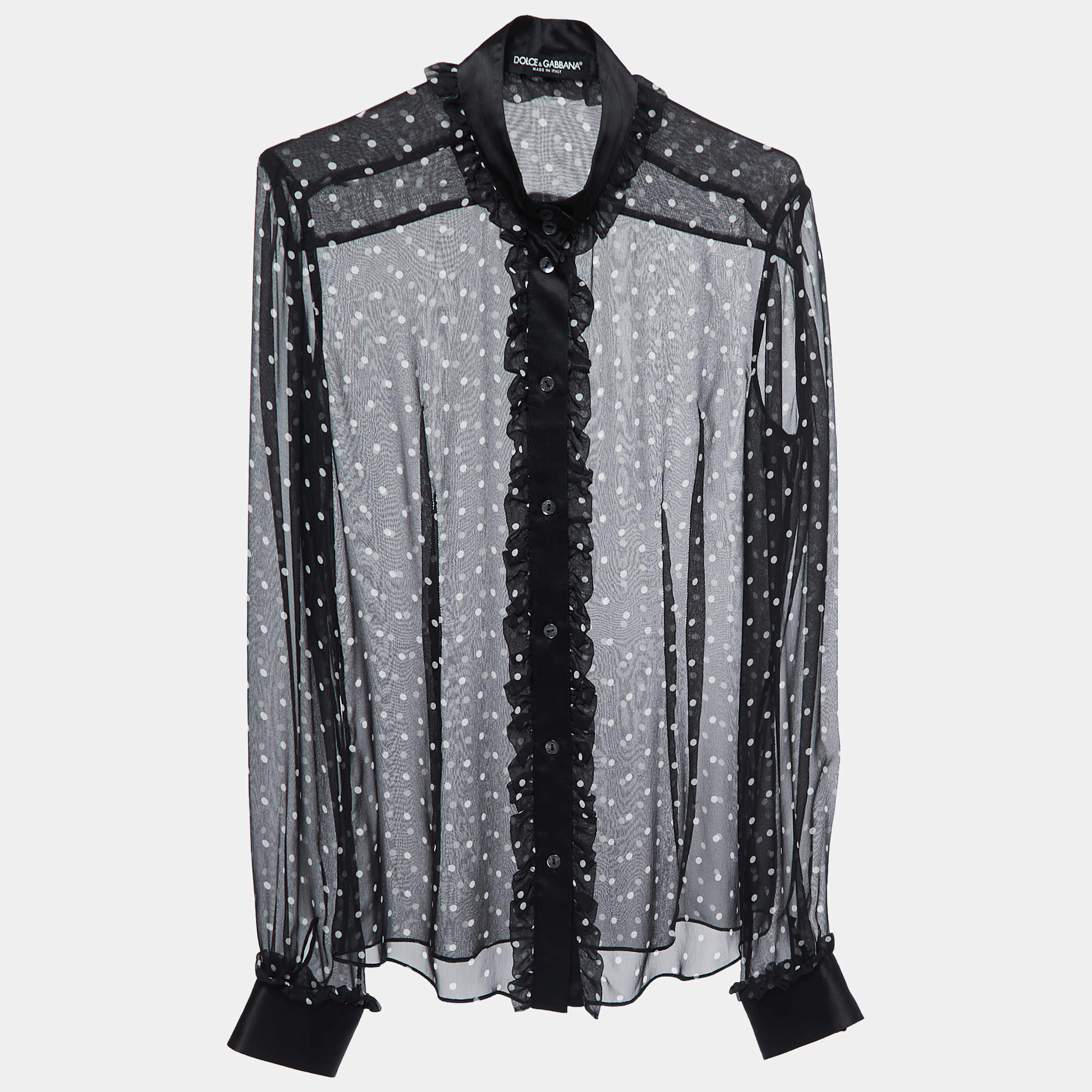 Pre Owned Dolce & Gabbana Black Polka Dotted Chiffon Button Front Full Sleeve Shirt Blouse S