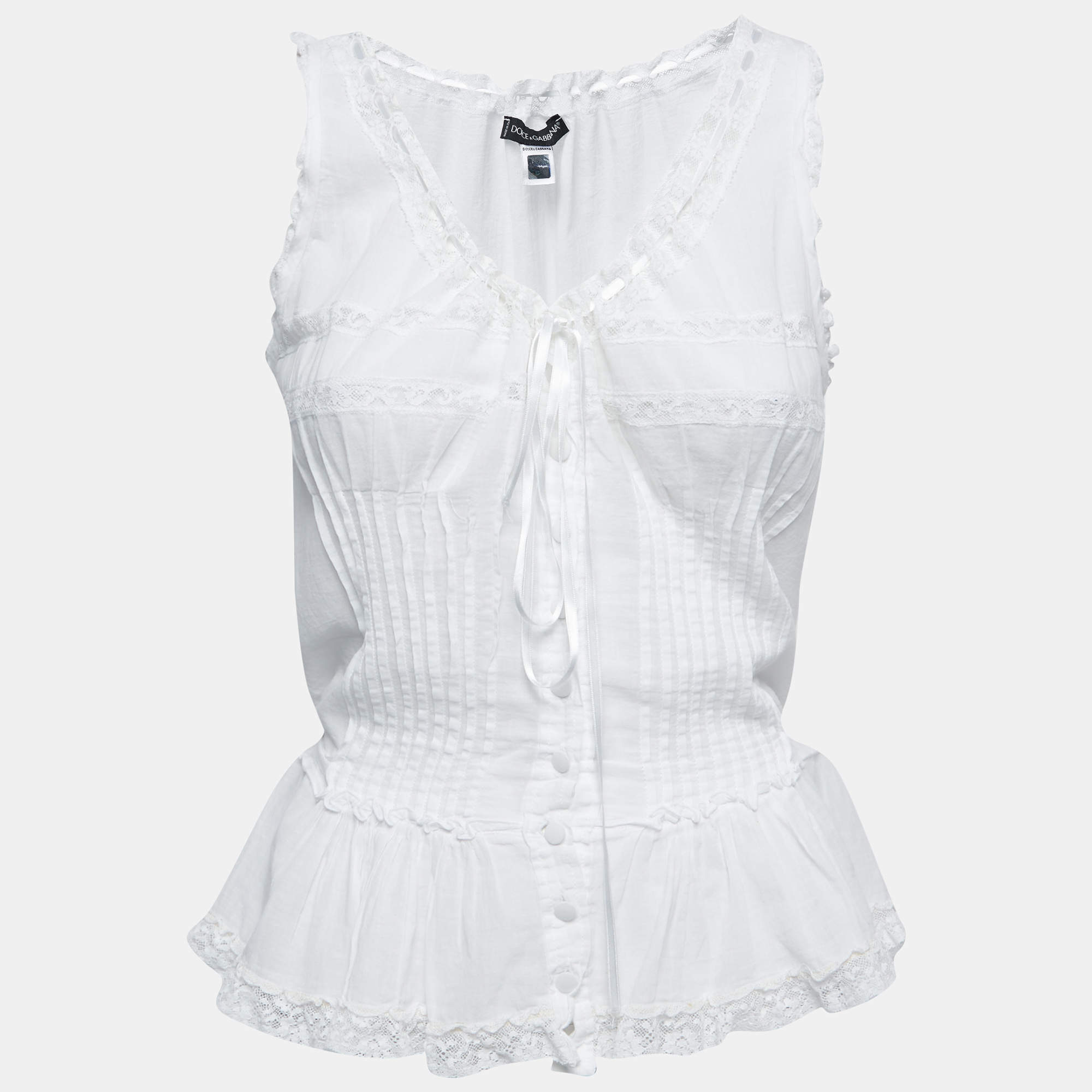Pre Owned Dolce & Gabbana White Cotton Lace Trimmed Sleeveless Top XL