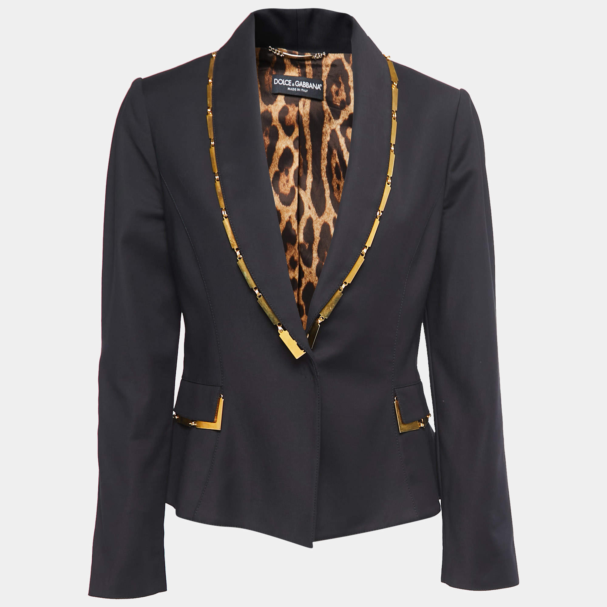 Pre Owned Dolce & Gabbana Black Cotton & Nylon Gold Chain Detail Blazer M