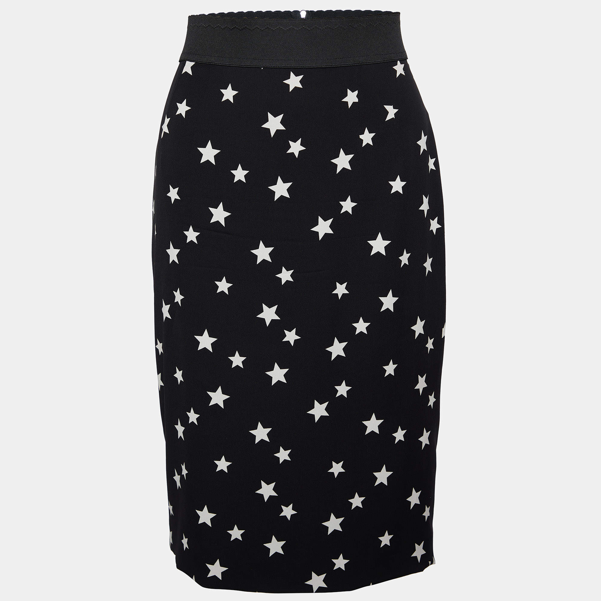 Pre Owned Dolce & Gabbana Black Star Printed Silk Knee Length Skirt M