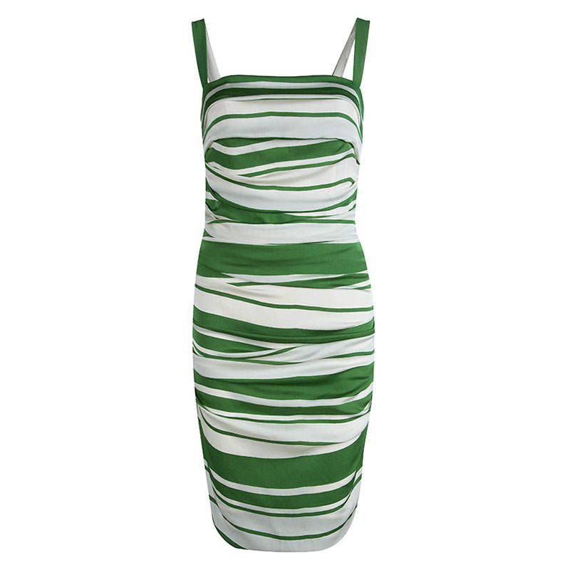 Dolce & Gabbana Green and White Striped Silk Ruched Sleeveless Dress M
