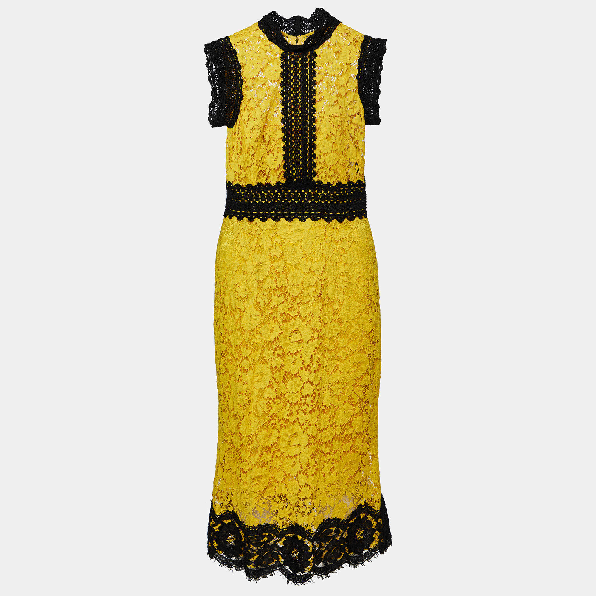 Pre Owned Dolce & Gabbana Yellow Lace Contrast Detail Midi Dress S