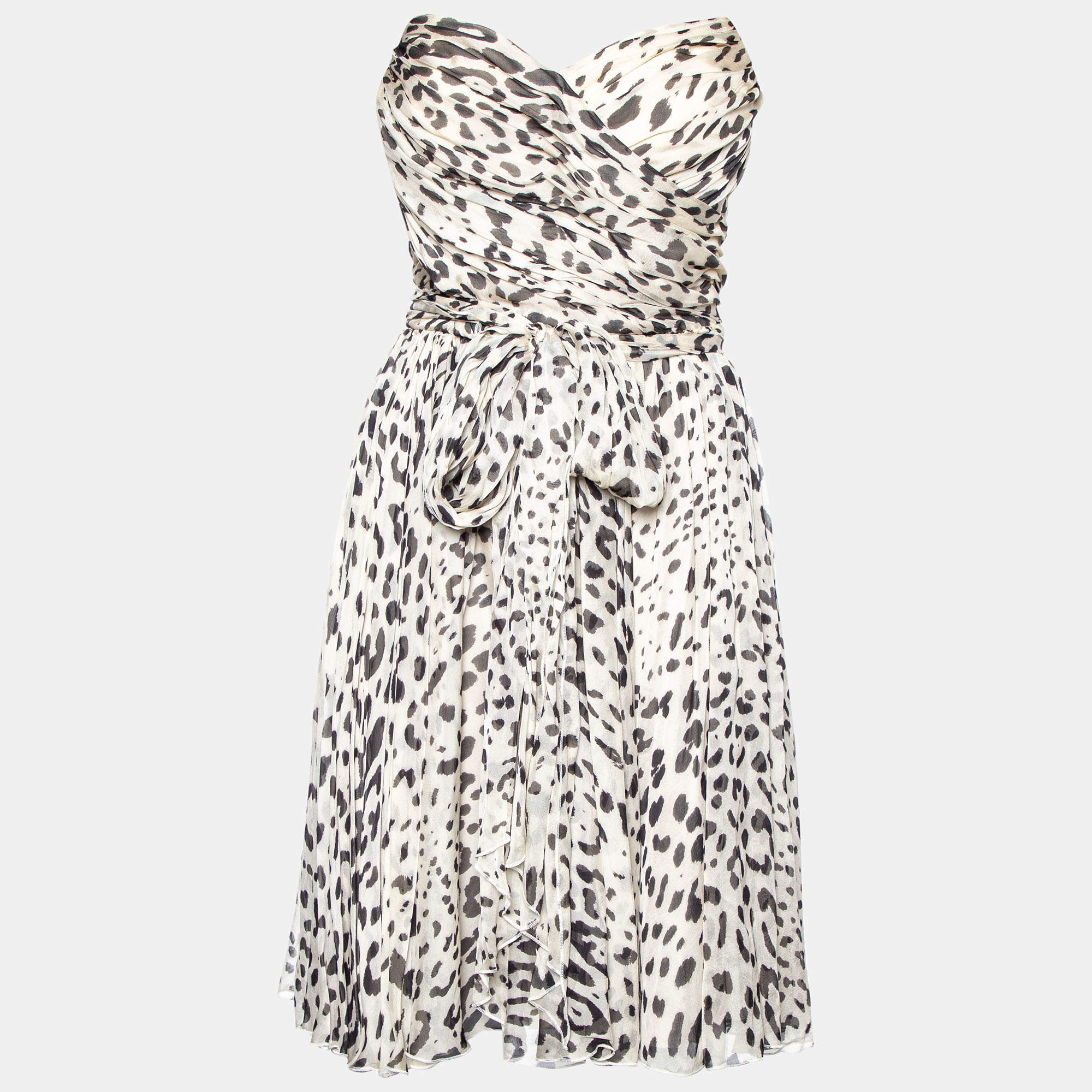 Pre Owned Dolce & Gabbana White Animal Printed Silk Strapless Mini Dress S