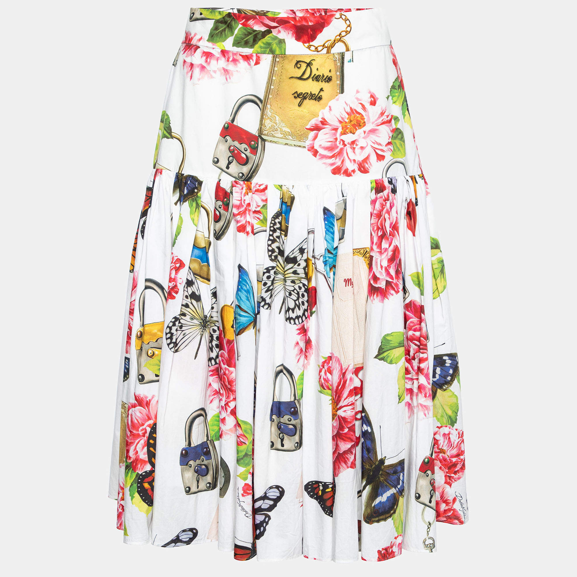 Dolce & Gabbana White Floral Printed Cotton Pleated Midi Skirt M