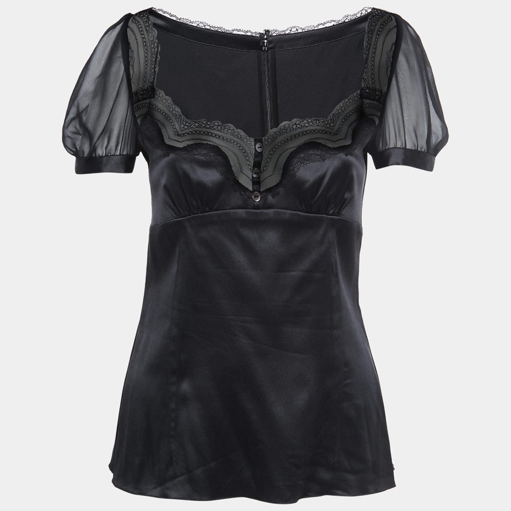 Pre Owned Dolce & Gabbana Black Satin Lace Trimmed Puff Sleeve Blouse M