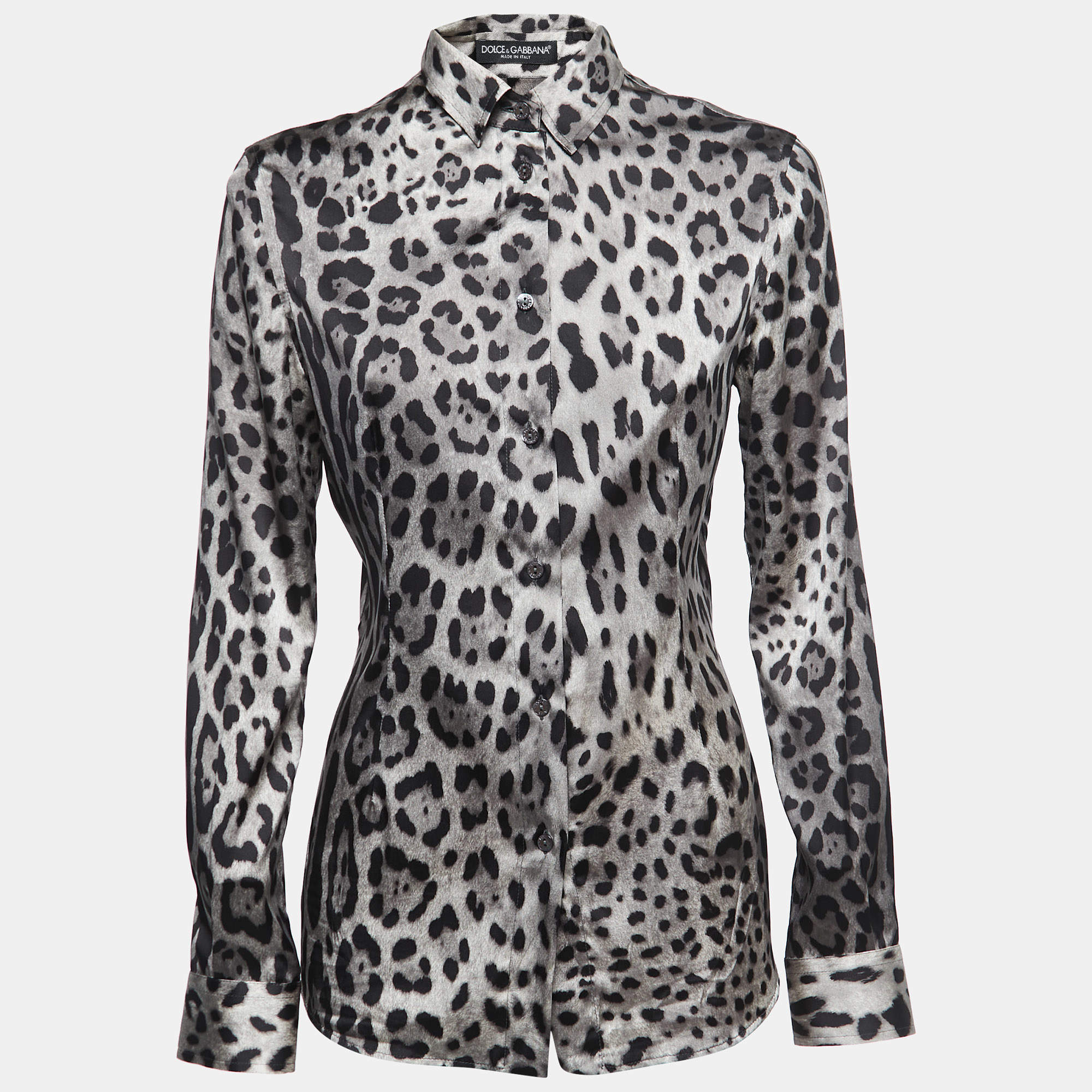 Pre Owned Dolce & Gabbana Grey/Black Animal Print Silk Satin Button Front Full Sleeve Shirt S