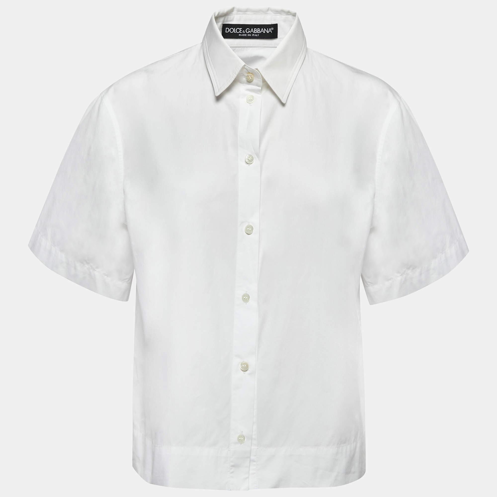 Pre Owned Dolce & Gabbana White Cotton Button Front Half Sleeve Cropped Shirt L