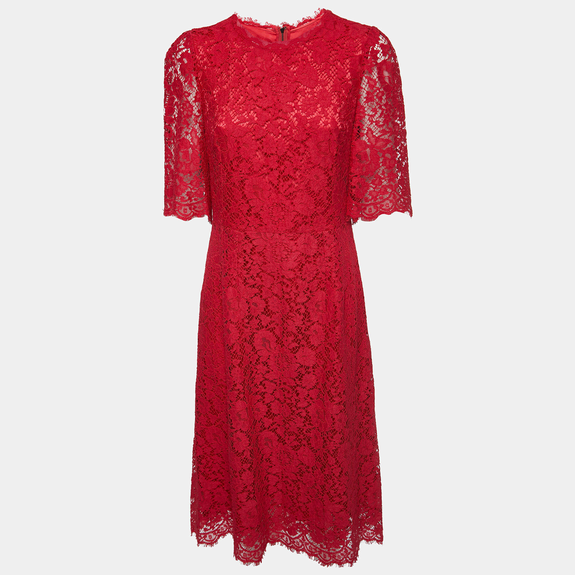 Pre Owned Dolce & Gabbana Red Lace Midi Dress M