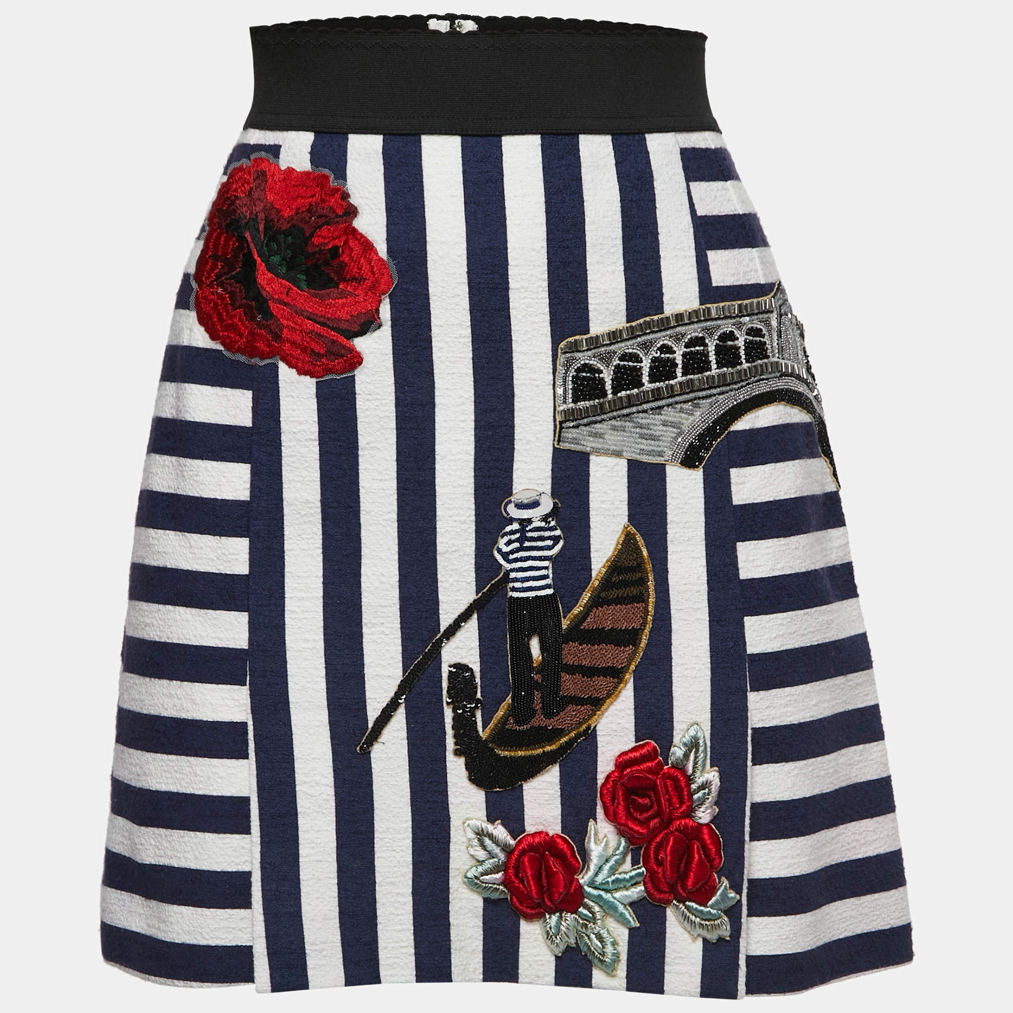 Pre Owned Dolce & Gabbana Navy Blue/White Striped Cotton Embroidered Mini Skirt S