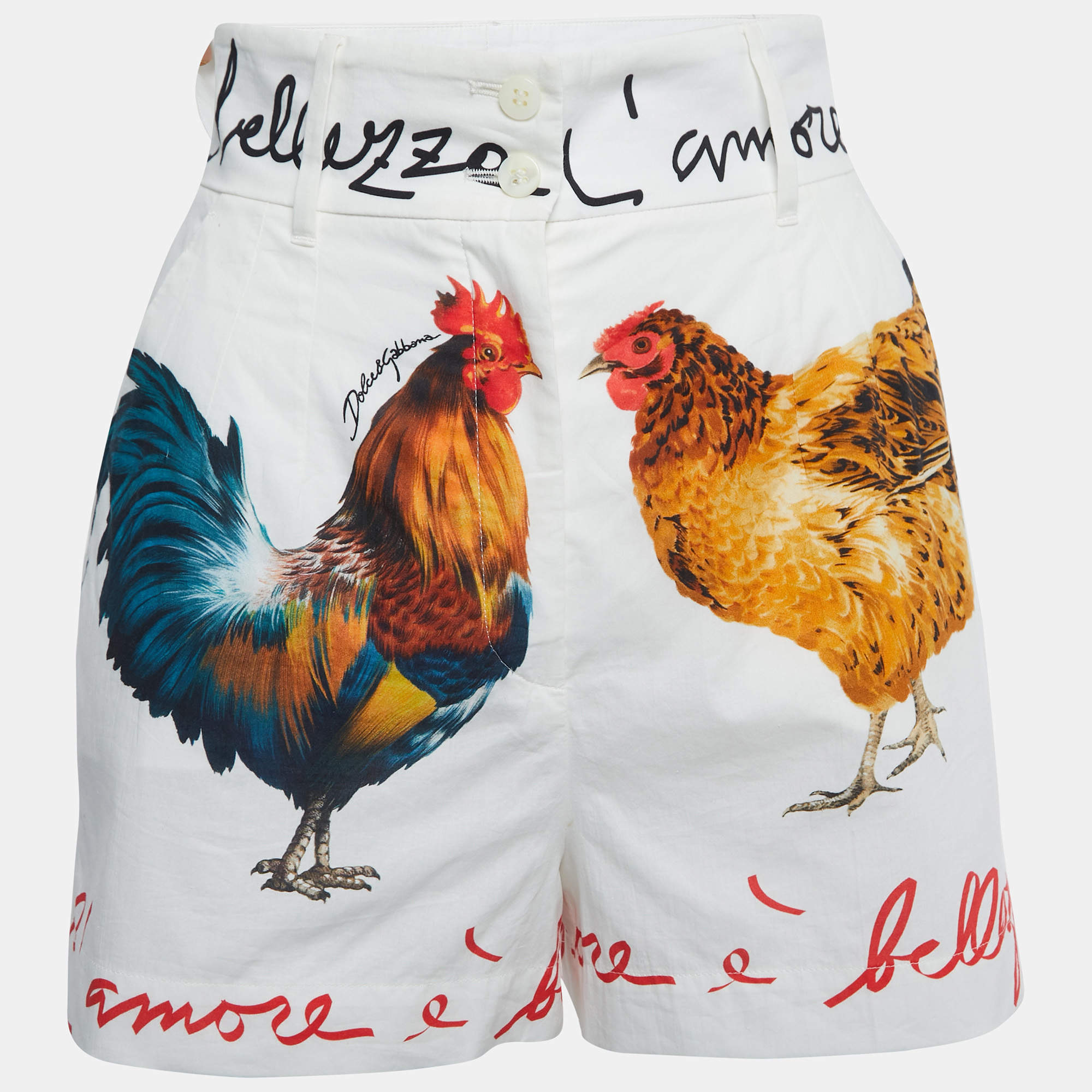 Dolce & Gabbana White Chicken Printed Cotton High Waist Shorts S