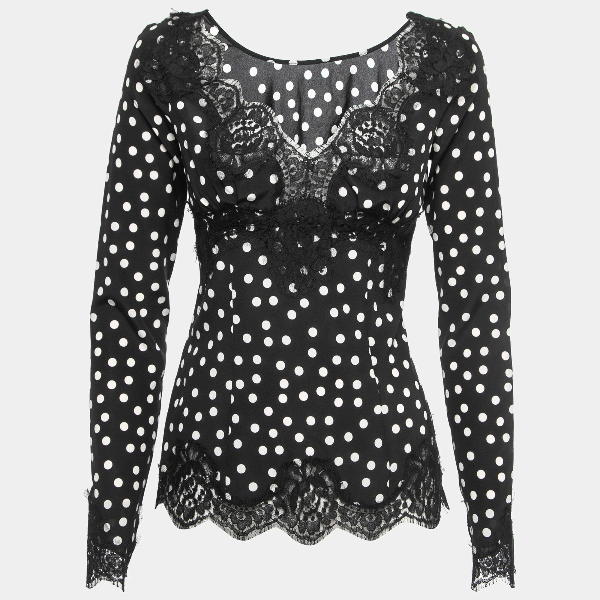Pre Owned Dolce & Gabbana Black Polka Dotted Silk Lace Trimmed Long Sleeve Blouse S 