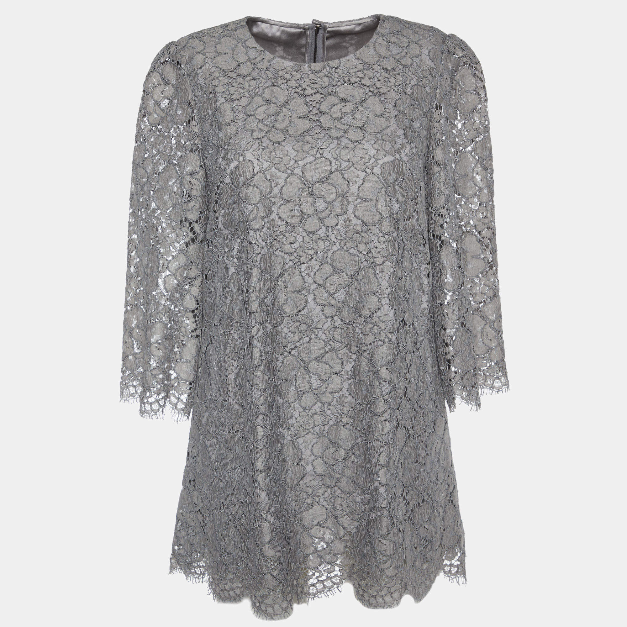 Pre Owned Dolce & Gabbana Grey Floral Corded Lace Three Quarter Sleeve Top M 