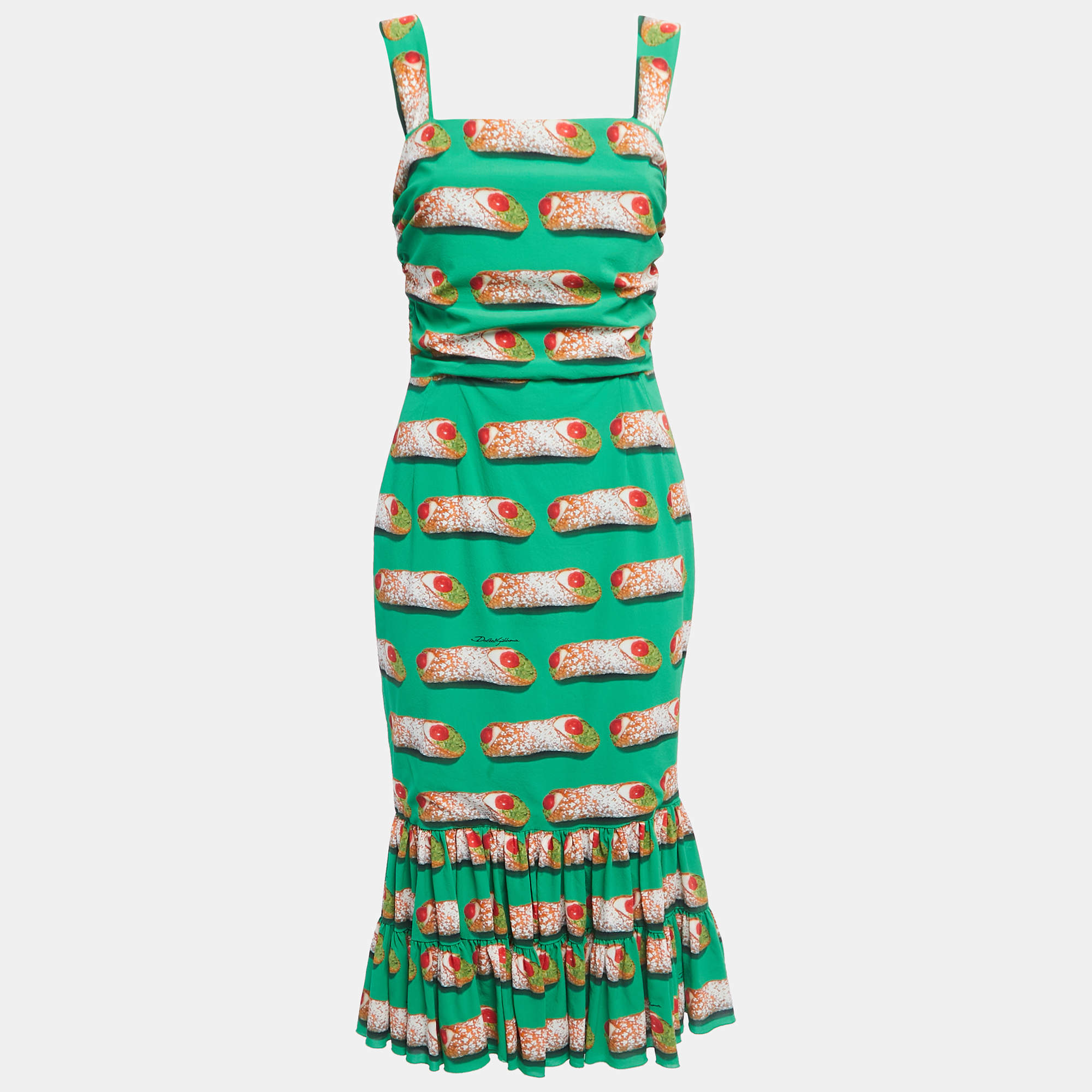 Pre Owned Dolce & Gabbana Green Cannoli Printed Silk Fluted Ruched Midi Dress M