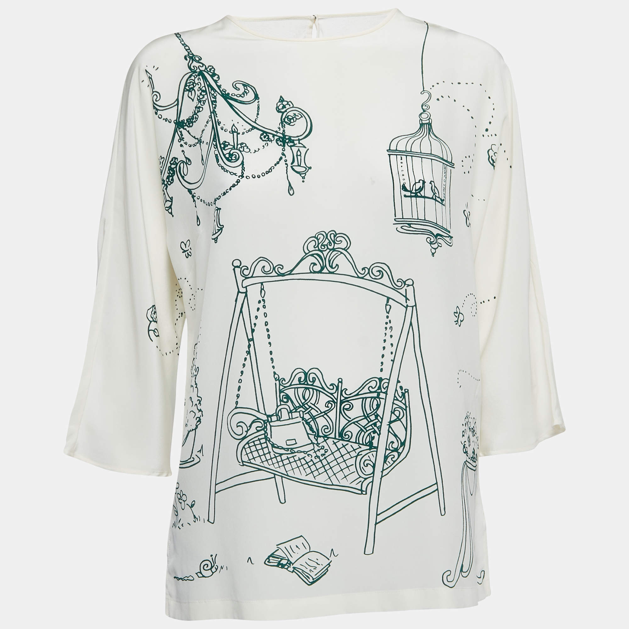 Pre Owned Dolce & Gabbana White Bird Cage Printed Silk Blouse S