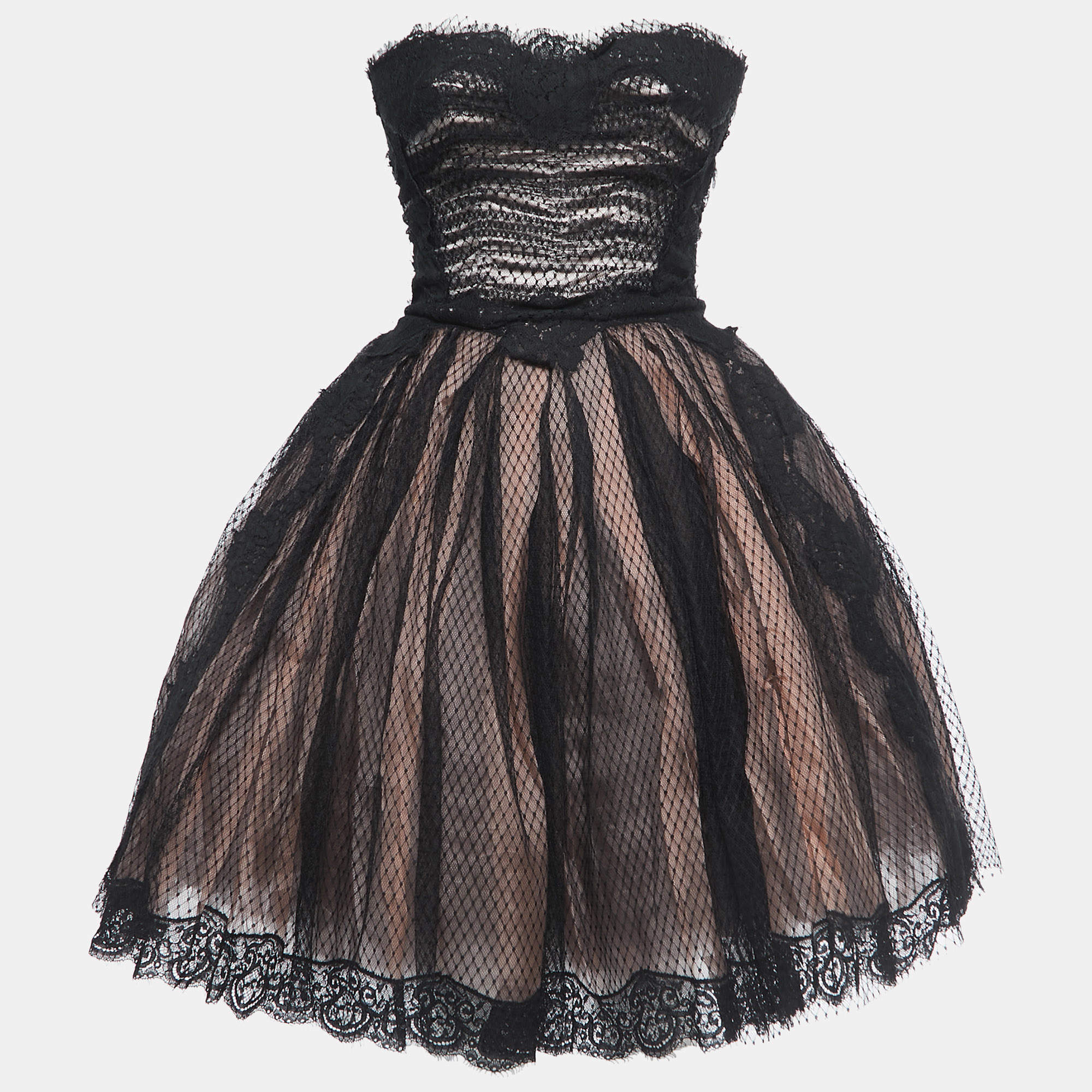 Pre Owned Dolce & Gabbana Black Tulle & Mesh Strapless Corset Dress S