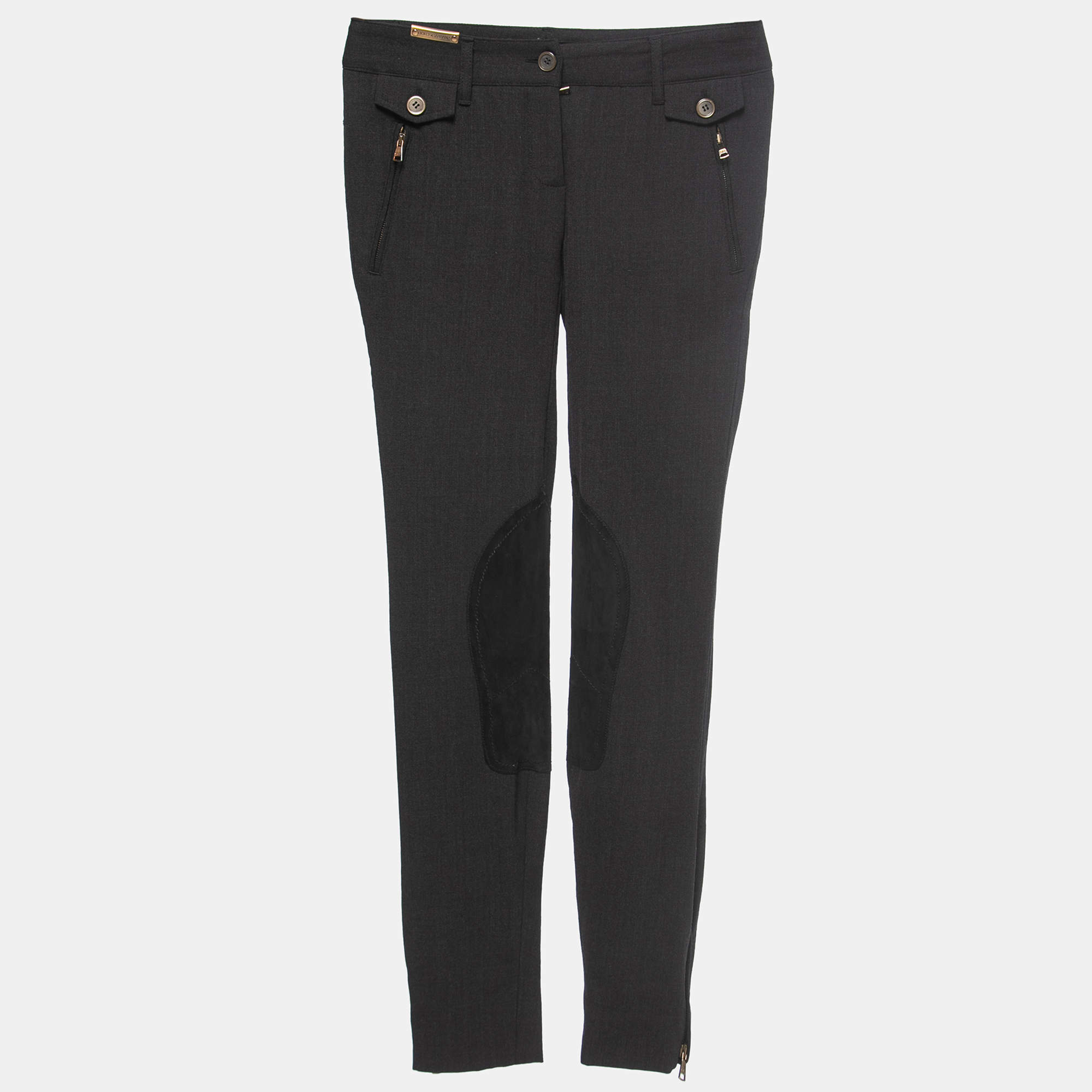 Pre Owned Dolce & Gabbana Black Wool Suede Trimmed Slim Fit Trousers XS
