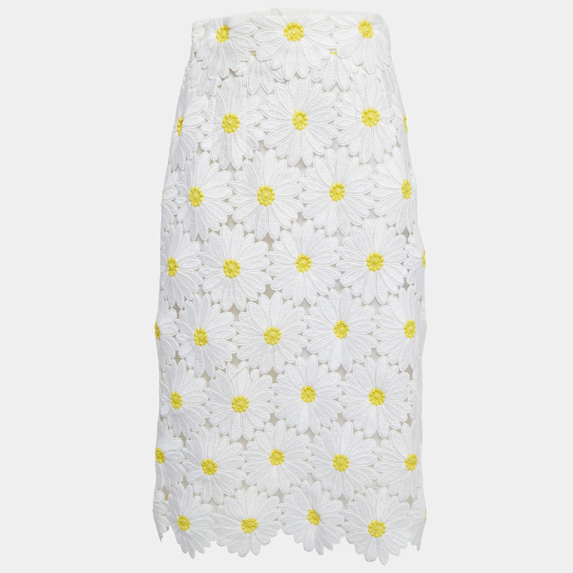 Pre Owned Dolce & Gabbana White Floral Guipure Lace Midi Skirt S
