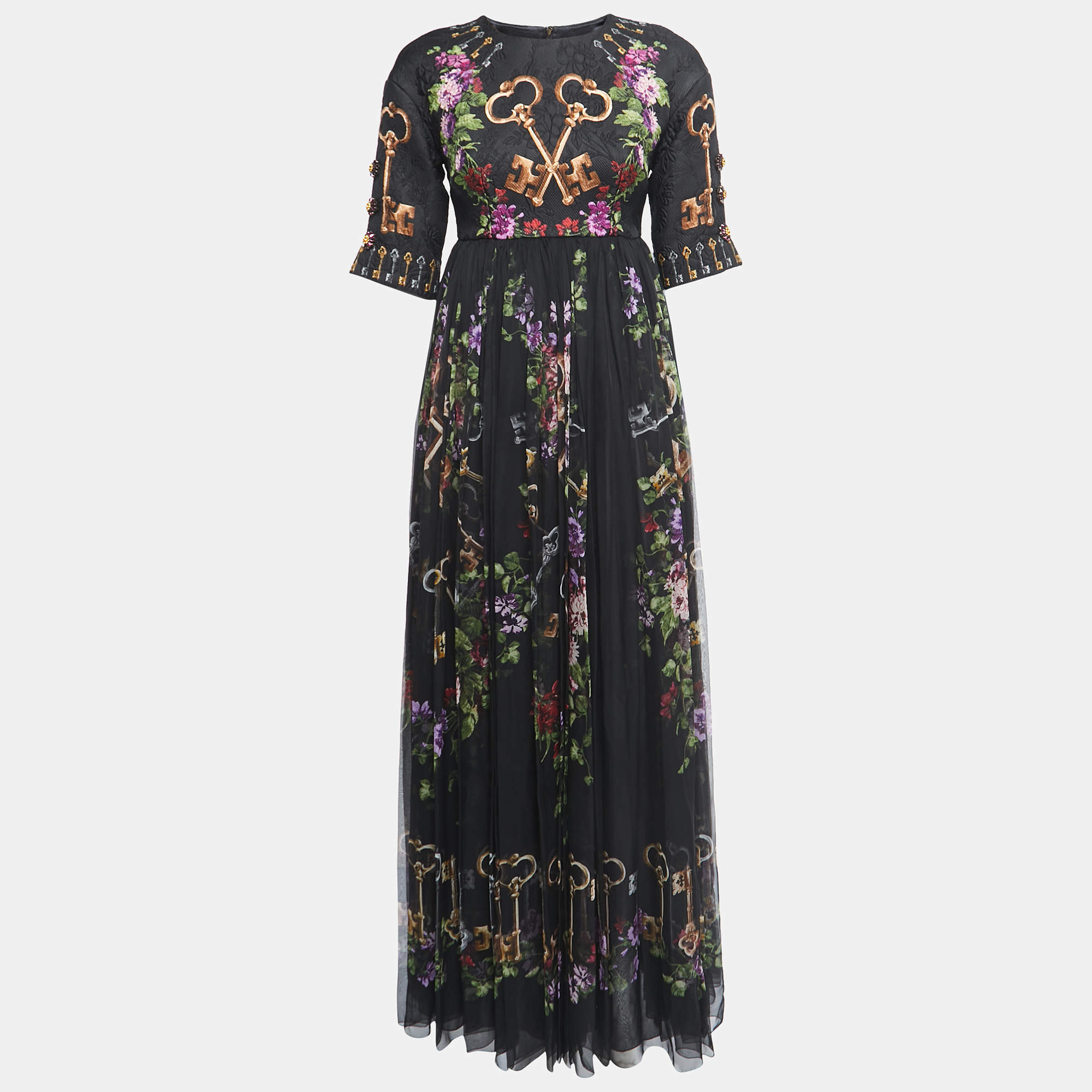 Pre Owned Dolce & Gabbana Black Floral & Key Printed Silk Maxi Dress S