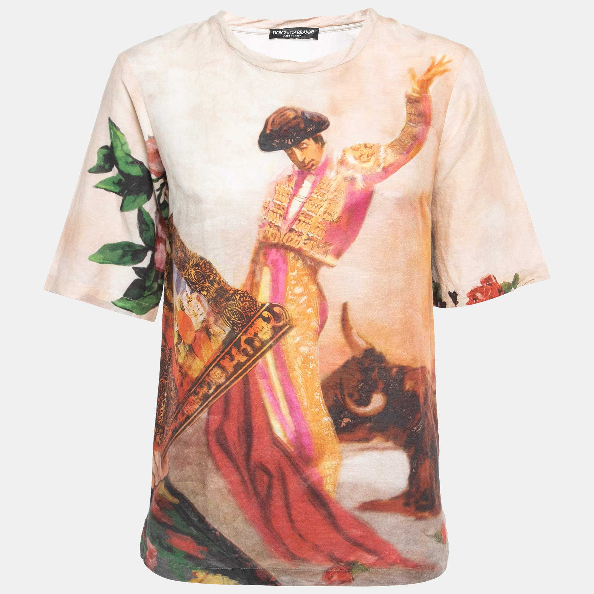 Pre Owned Dolce & Gabbana Multicolor Bull Rider Printed Cotton & Linen T-Shirt XS