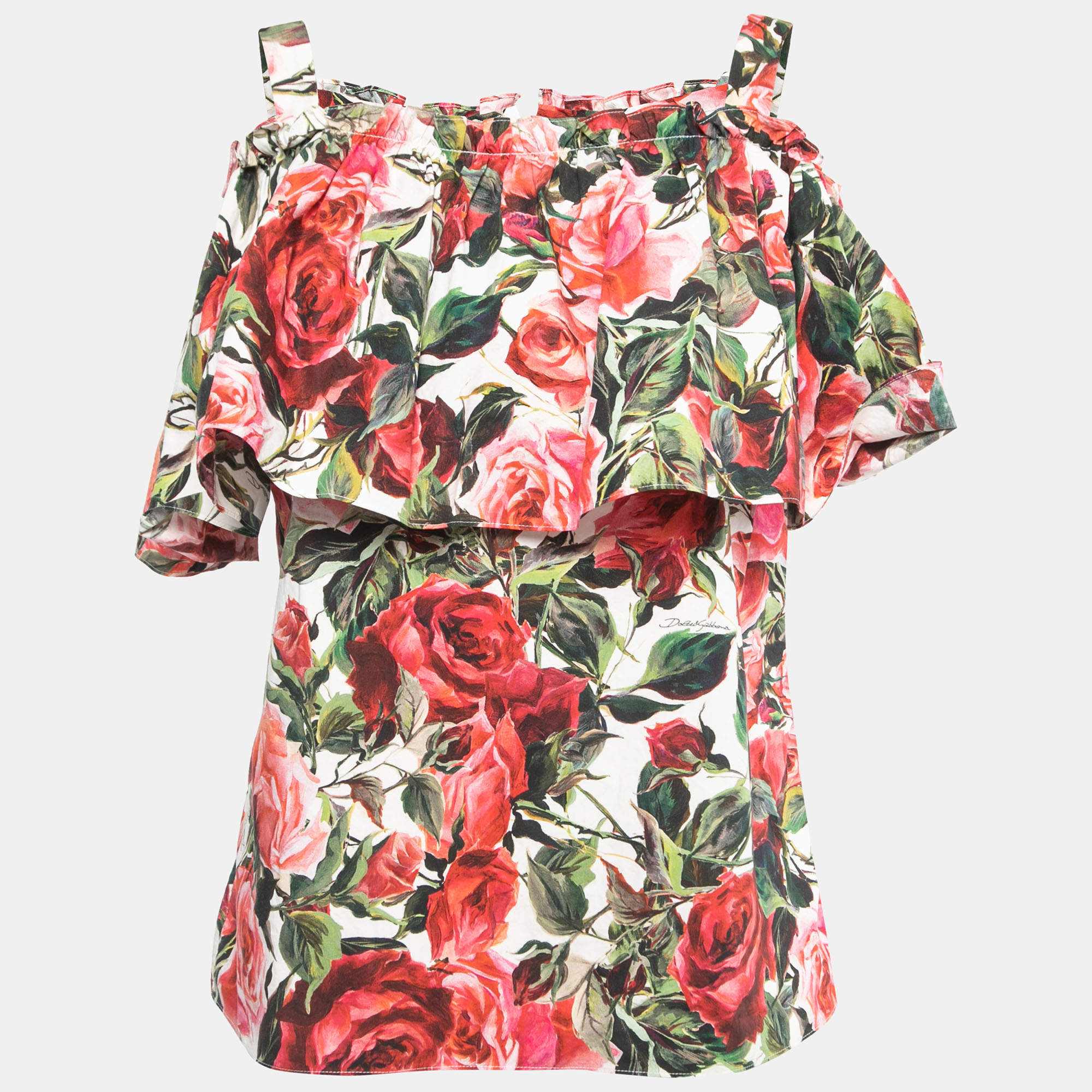 Pre Owned Dolce & Gabbana Red Rose Printed Cotton Ruffled Off Shoulder Top S