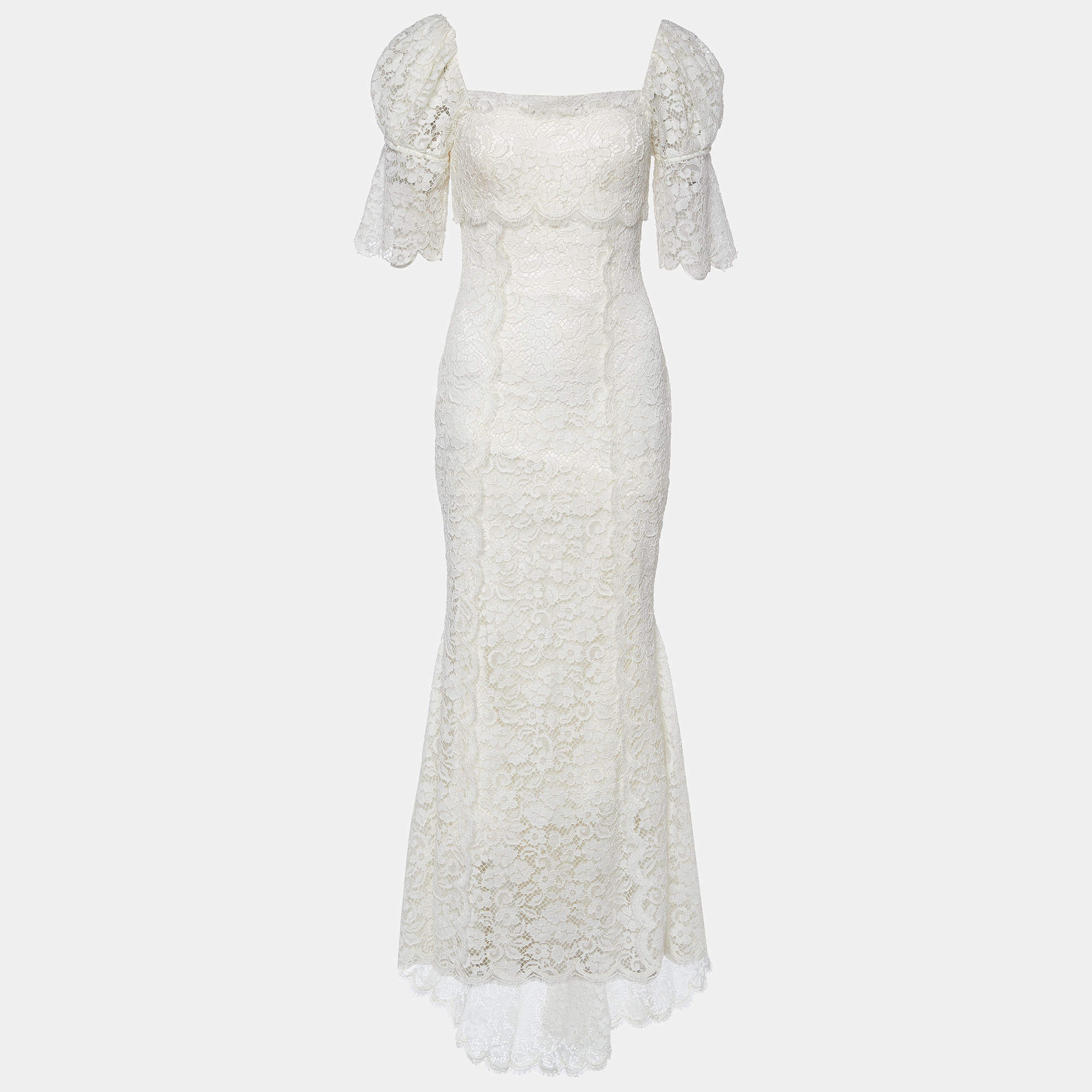 Pre Owned Dolce & Gabbana White Lace Ruched Trail Wedding Gown S
