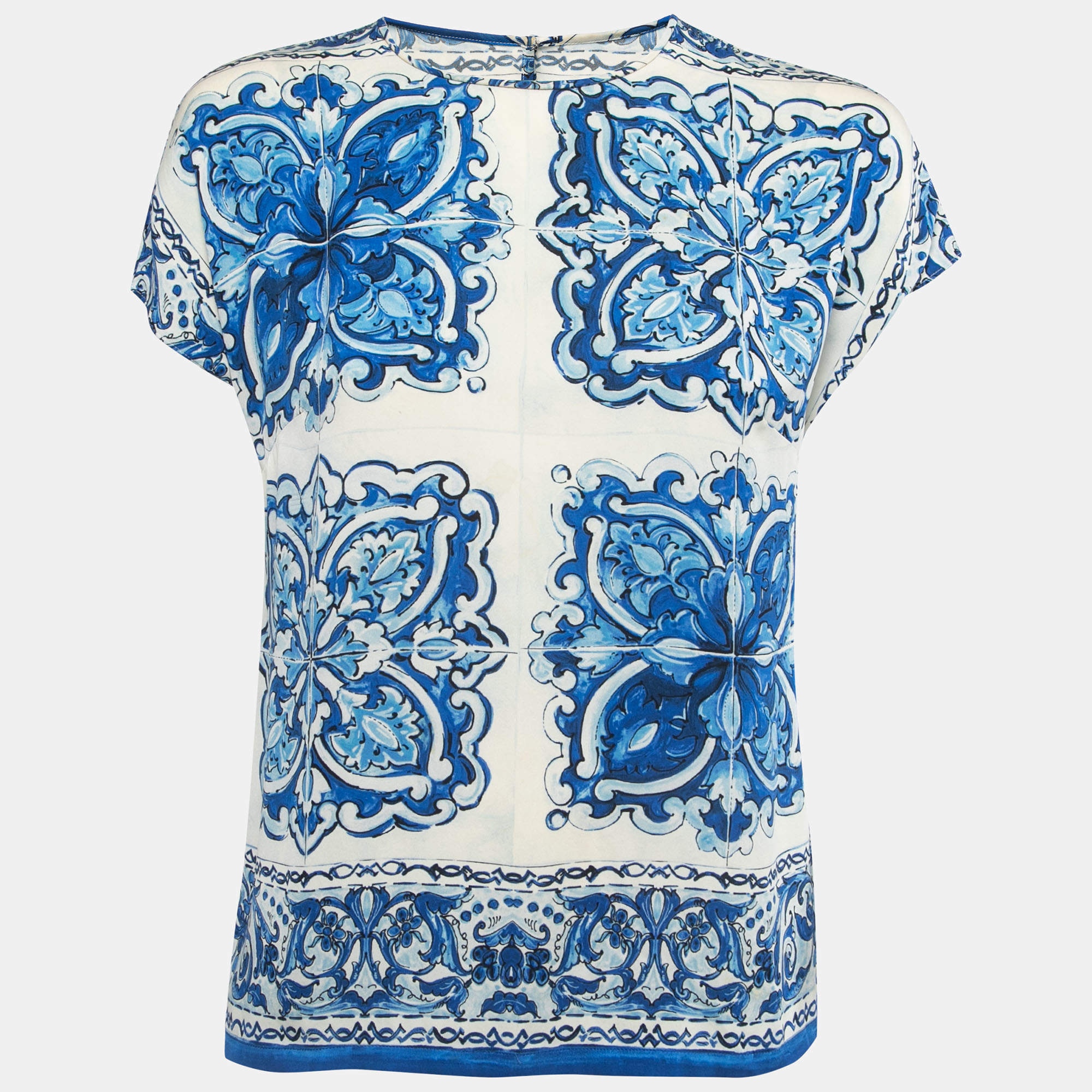 Pre Owned Dolce & Gabbana Blue Tile Printed Silk Blouse S