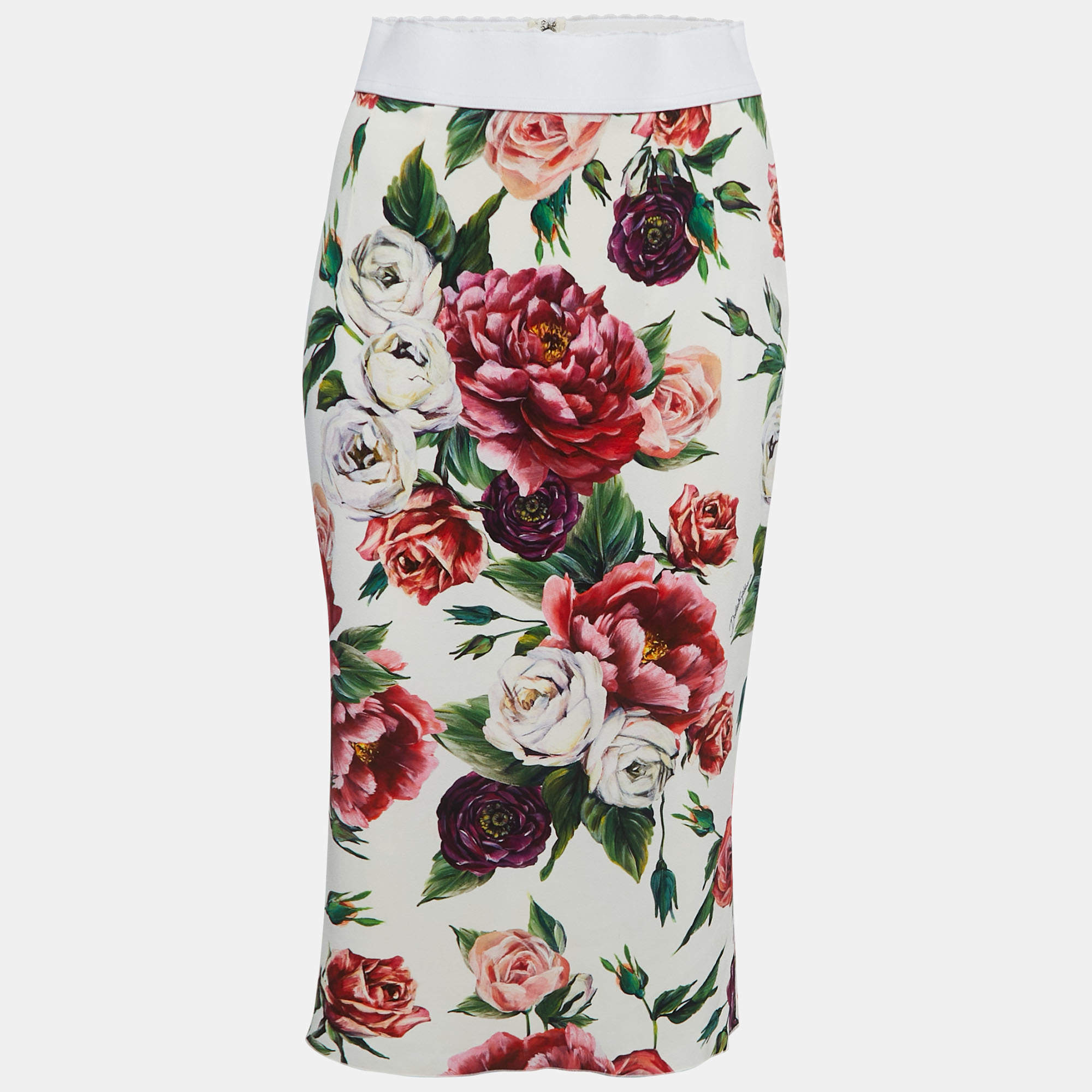 Pre Owned Dolce & Gabbana White Floral Printed Crepe Pencil Skirt S
