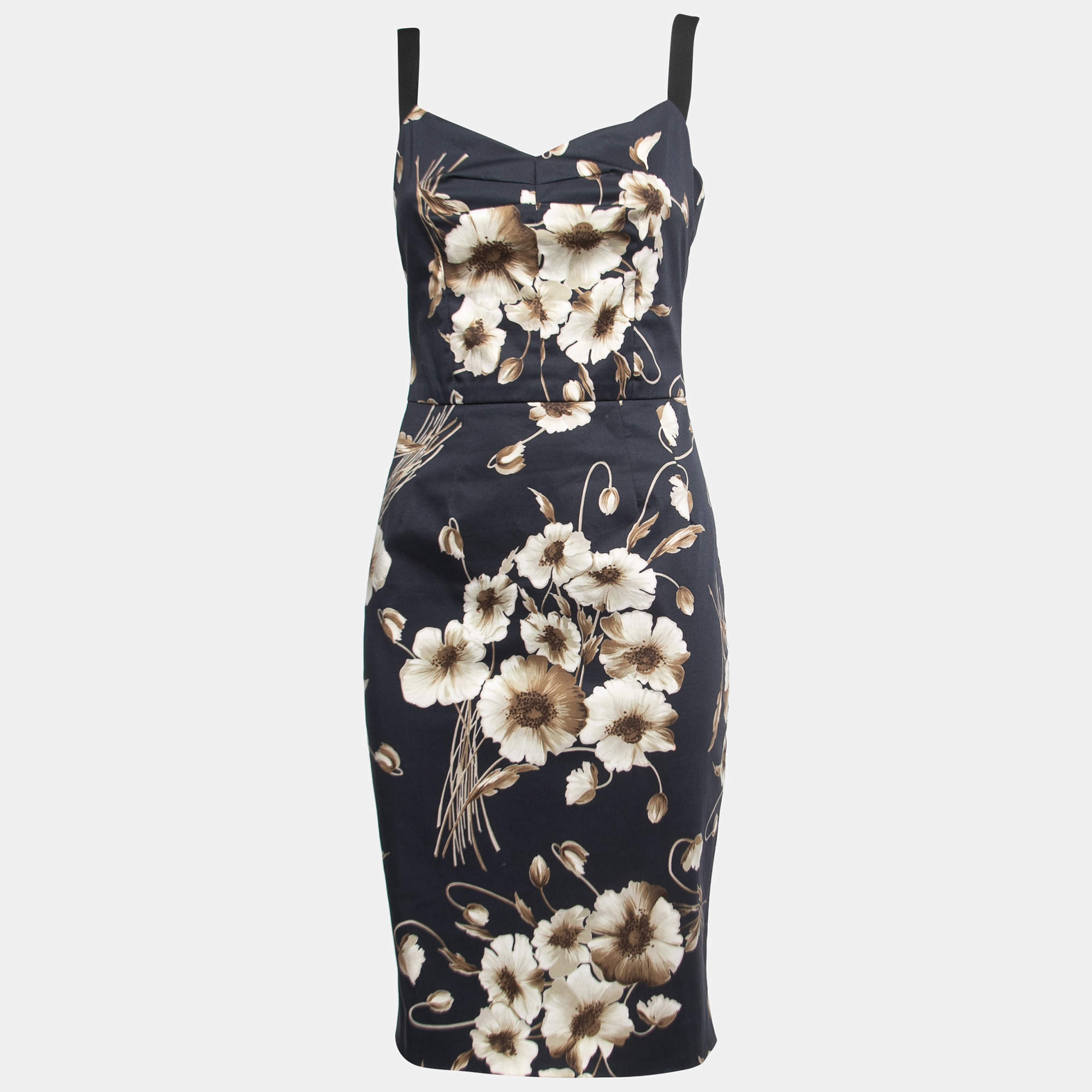 Pre Owned Dolce & Gabbana Navy Blue Floral Printed Cotton Midi Dress S