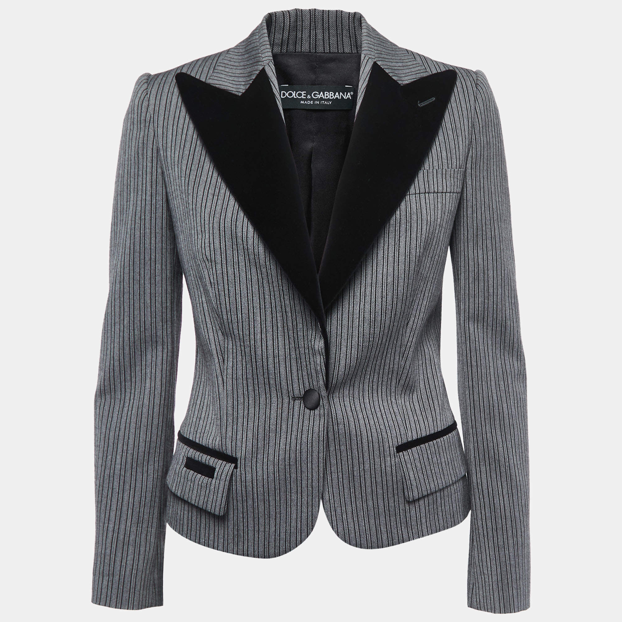 Pre Owned Dolce & Gabbana Grey Striped Jacquard & Velvet Lapel Blazer S