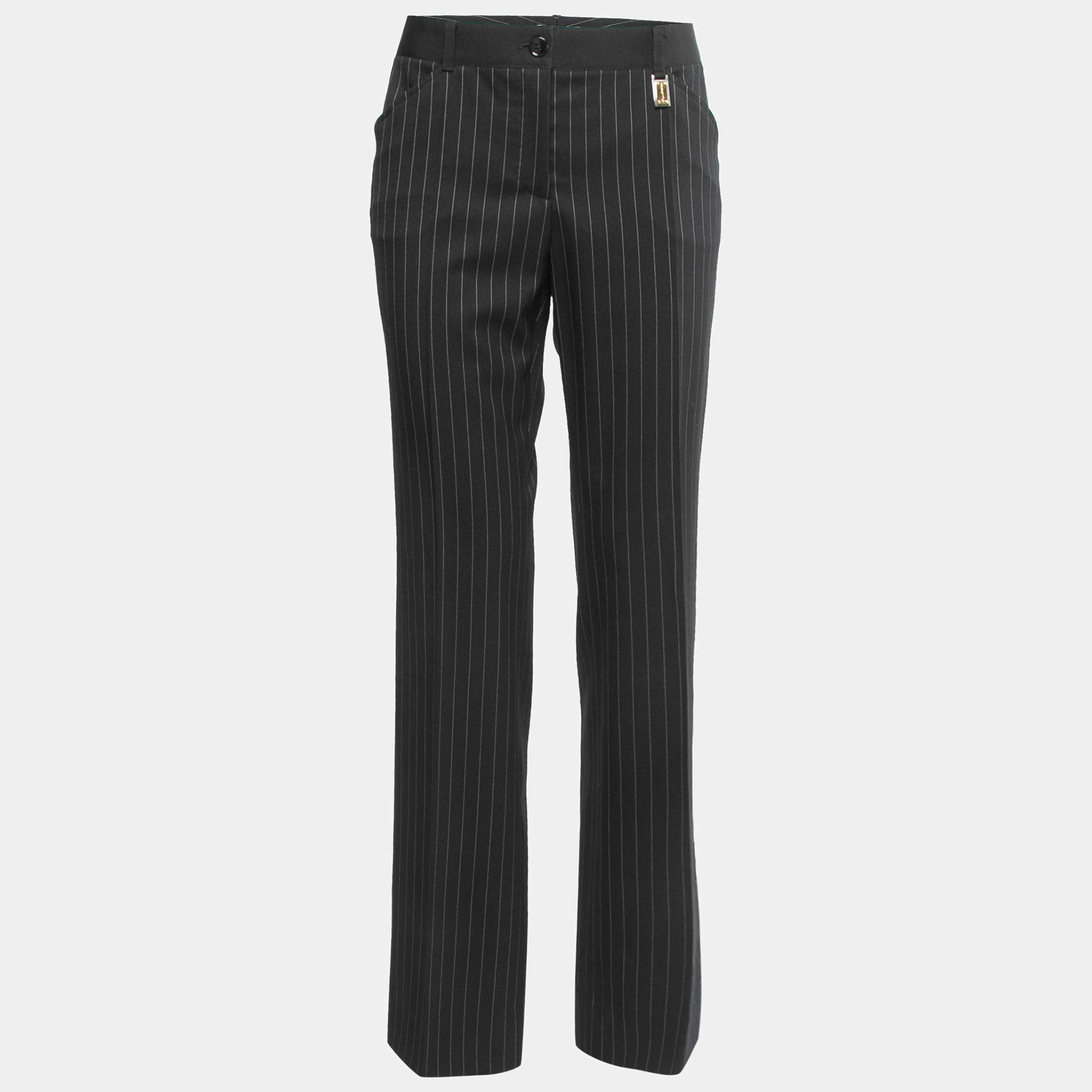Pre Owned Dolce & Gabbana Black Striped Wool Straight Leg Trousers M