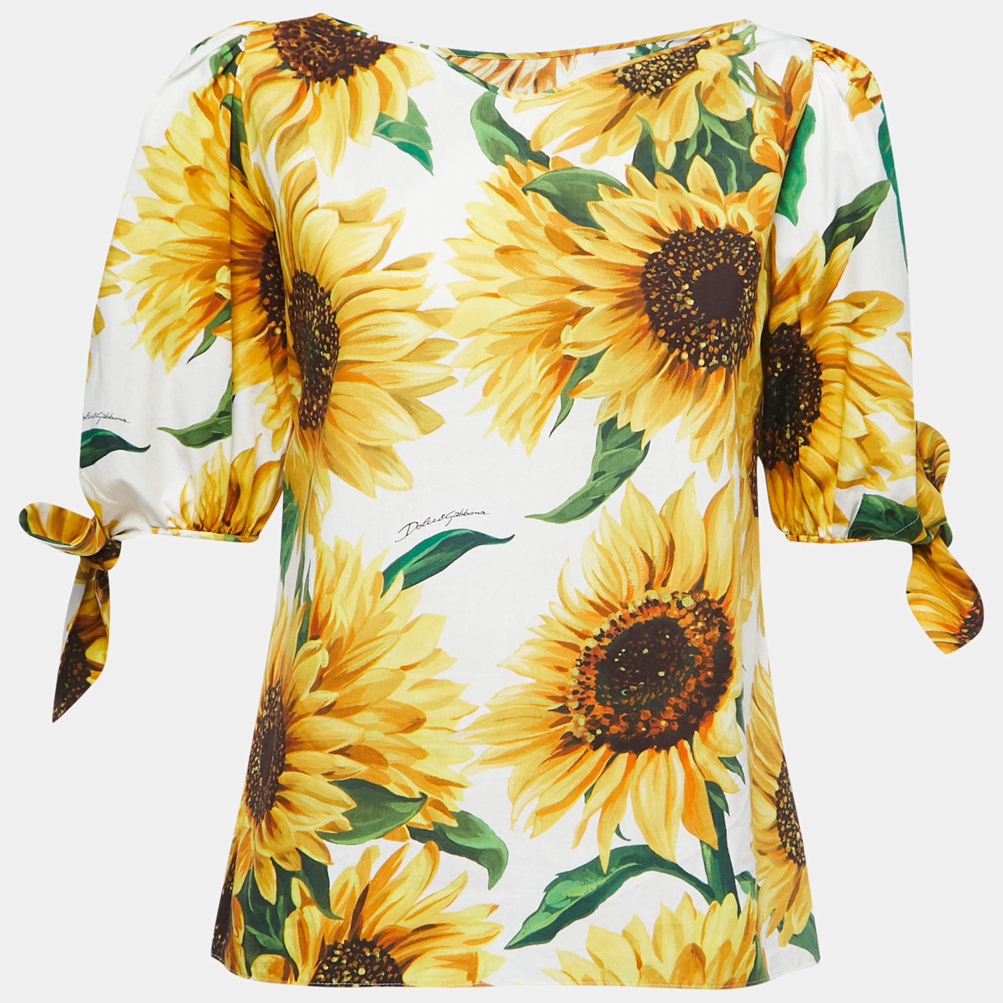 Pre Owned Dolce & Gabbana White/Yellow Sunflower Printed Cotton Top S