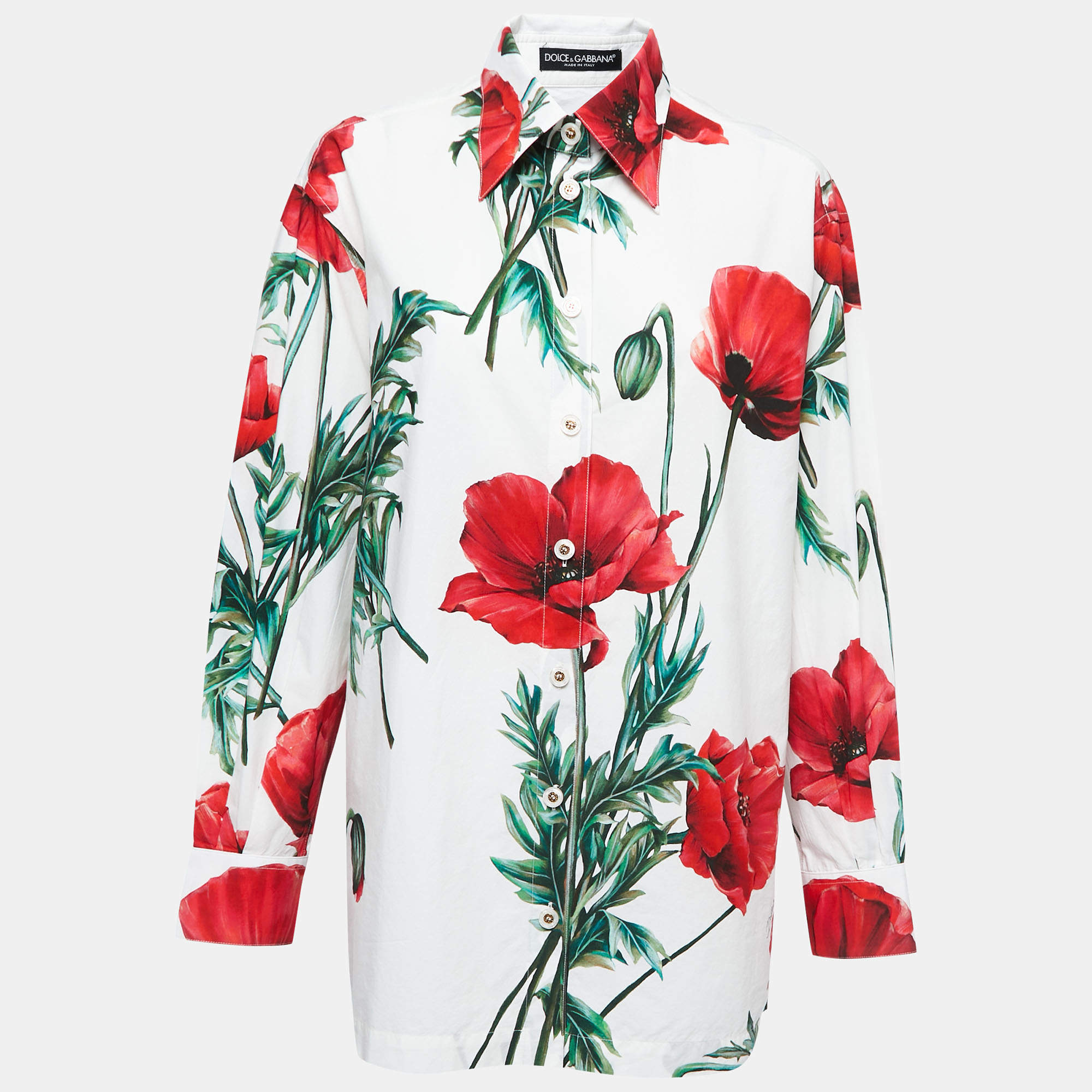 Pre Owned Dolce & Gabbana White/Red Poppy Printed Cotton Shirt L