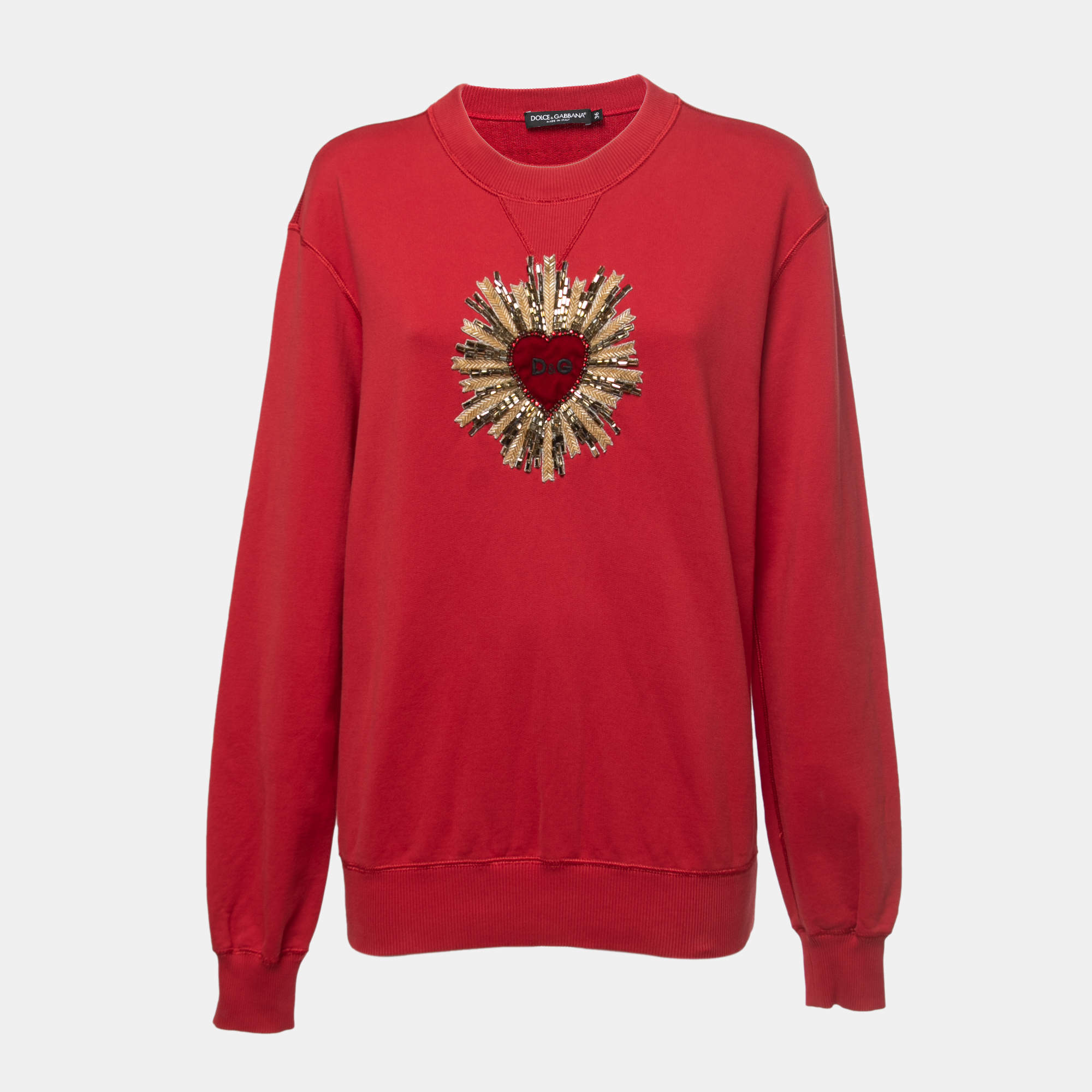 Pre Owned Dolce & Gabbana Red Cotton Scared Heart Embellished Sweatshirt XS