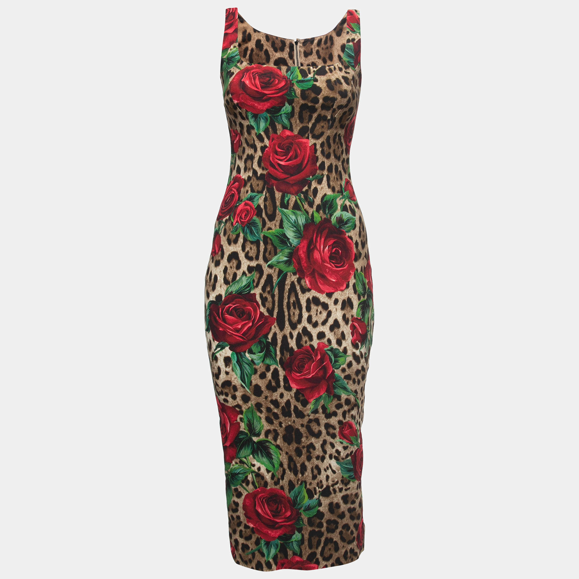 Pre Owned Dolce & Gabbana Brown Floral Animal Printed Crepe Midi Dress S