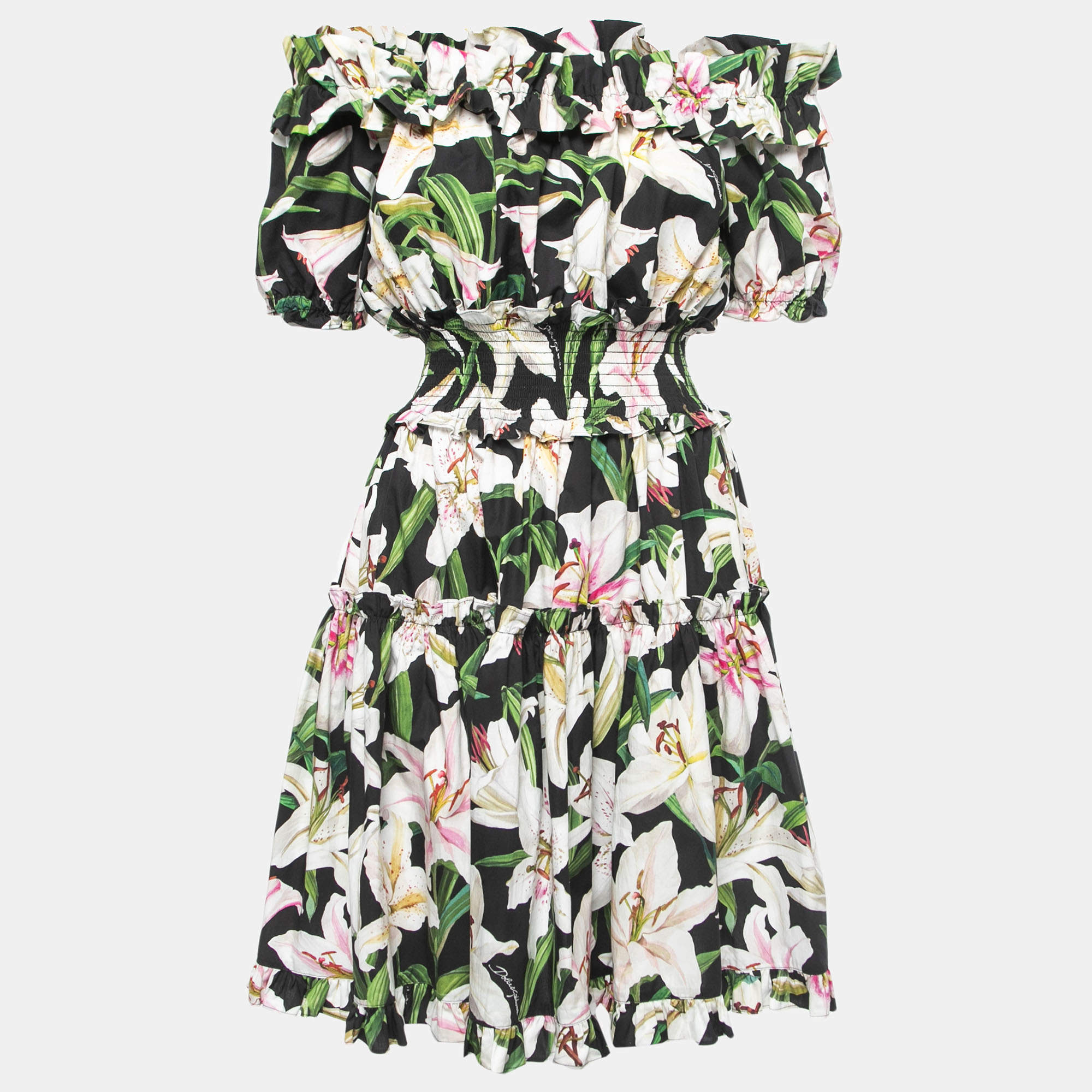 Pre Owned Dolce & Gabbana Black Floral Cotton Off Shoulder Mini Dress M