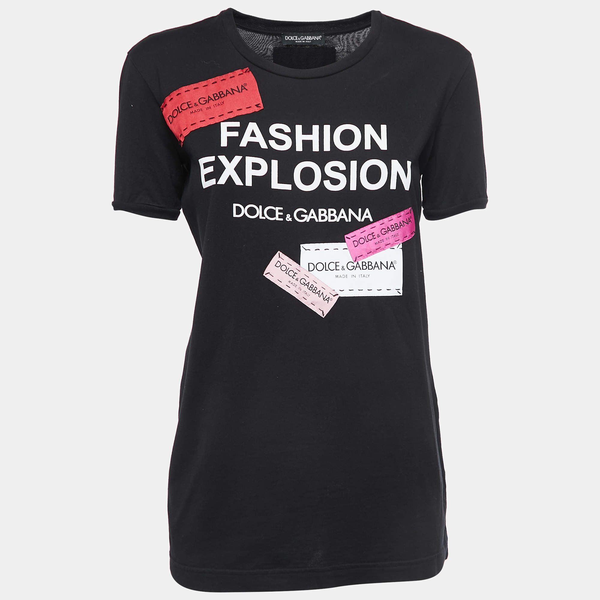 Pre Owned Dolce & Gabbana Black Logo Detail Cotton Crew Neck T-Shirt XS