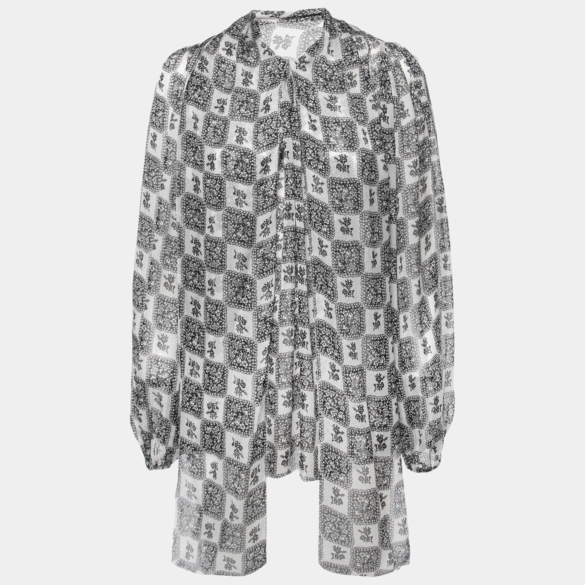Pre Owned Dolce & Gabbana Monochrome Floral Grid Print Silk Tie Detail Blouse S