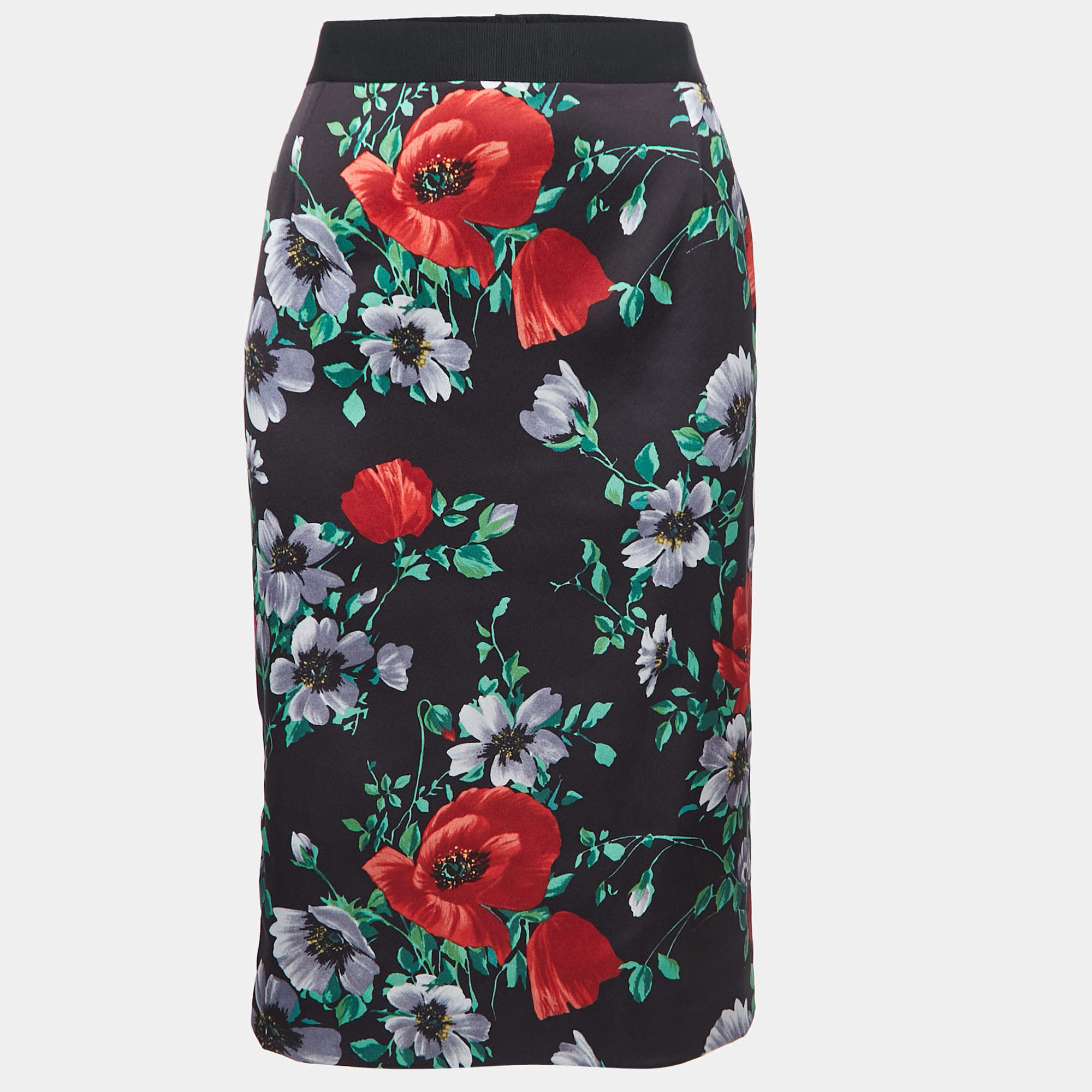 Pre Owned Dolce & Gabbana Black Floral Printed Stretch Satin Pencil Skirt L