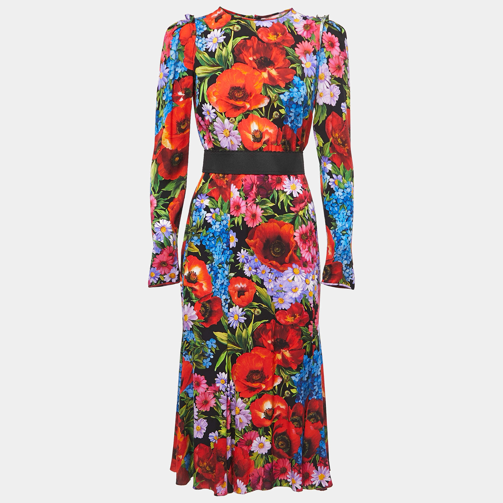 Pre Owned Dolce & Gabbana Black/Multicolor Floral Printed Stretch Silk Midi Dress M
