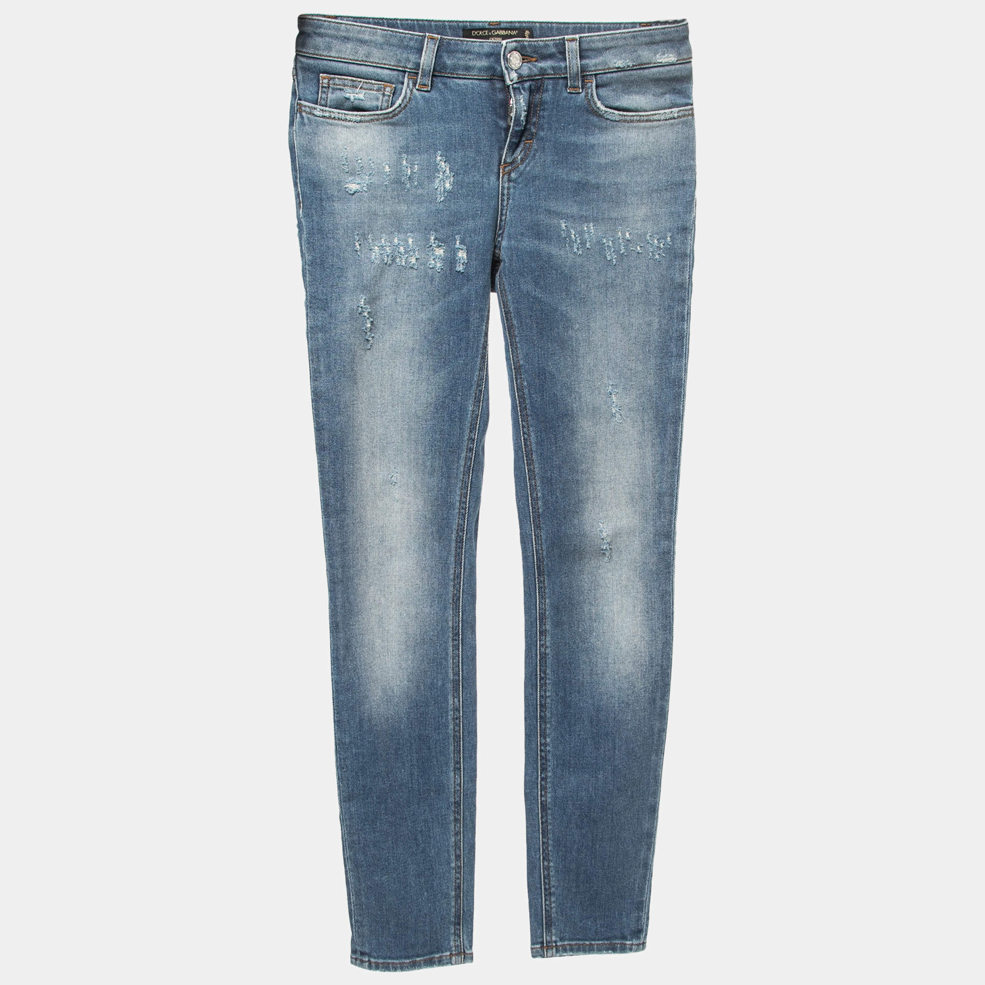 Pre Owned Dolce & Gabbana Blue Distressed Denim Pretty Skinny Jeans XS Waist 26"