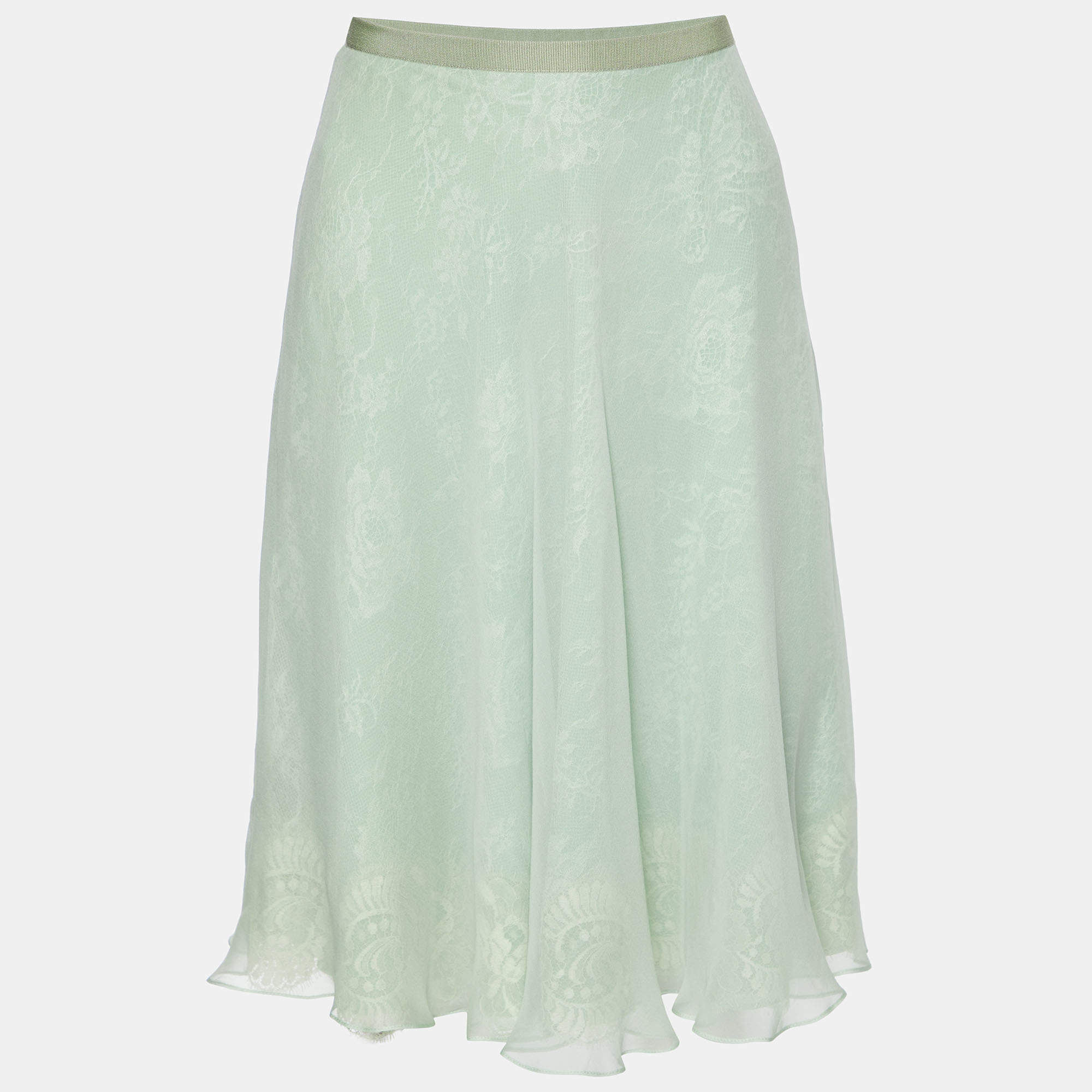Pre Owned Dolce & Gabbana Light Green Lace & Silk Overlay Mini Skirt S