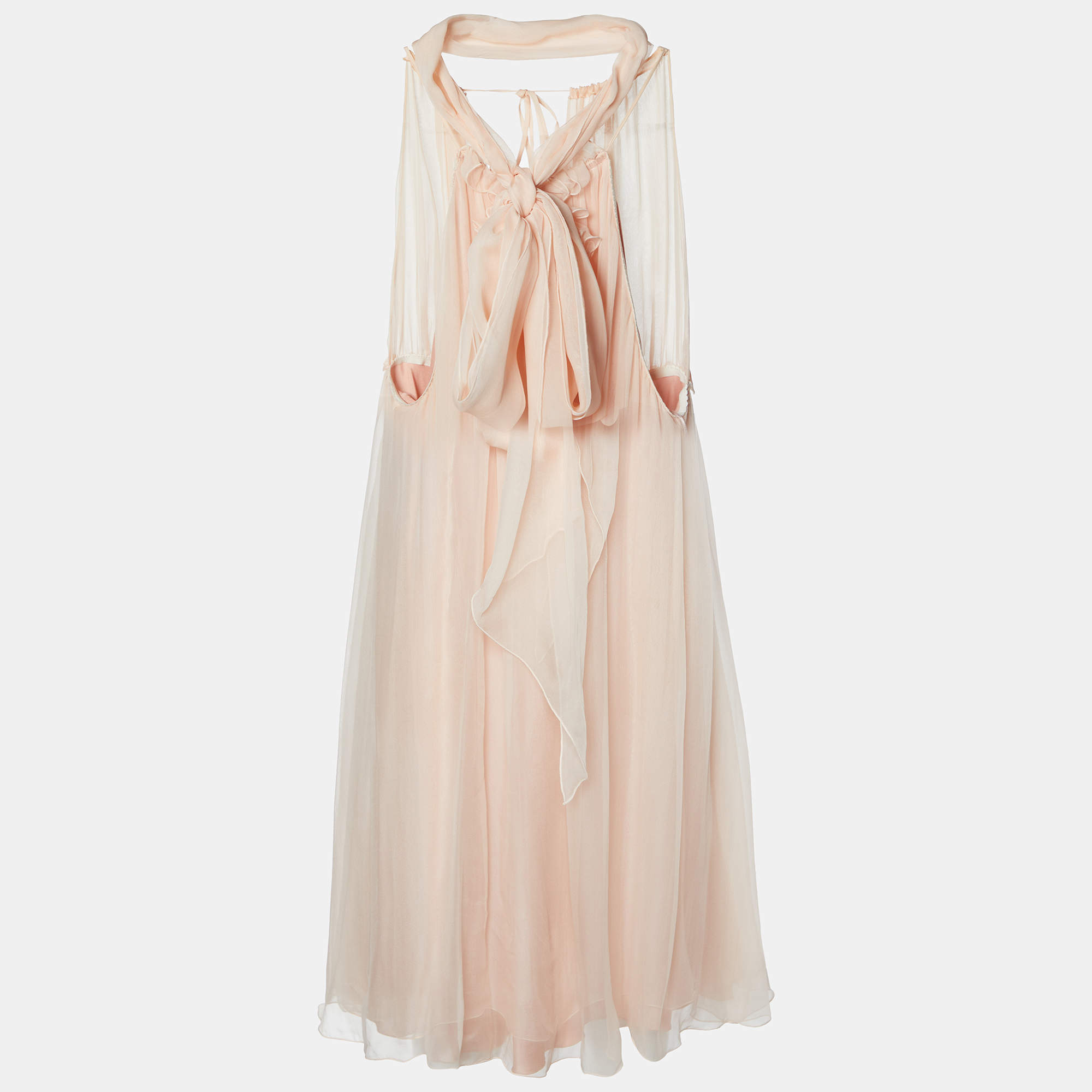 Pre Owned Dolce & Gabbana Pink Silk Floral Applique Halter Neck Dress M