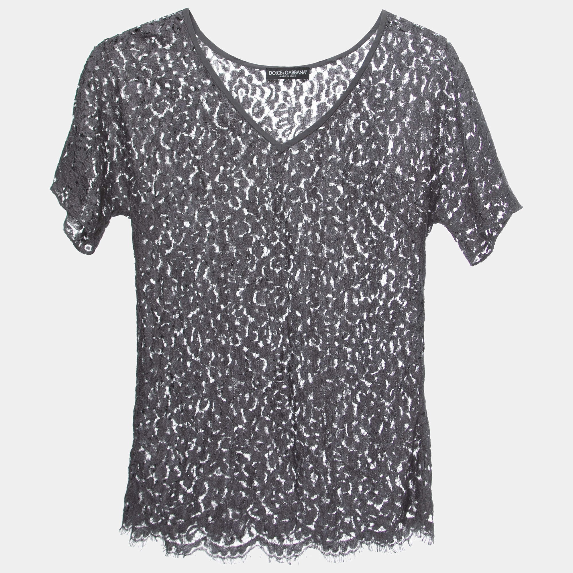 Pre Owned Dolce & Gabbana Grey Lace V-Neck Top S