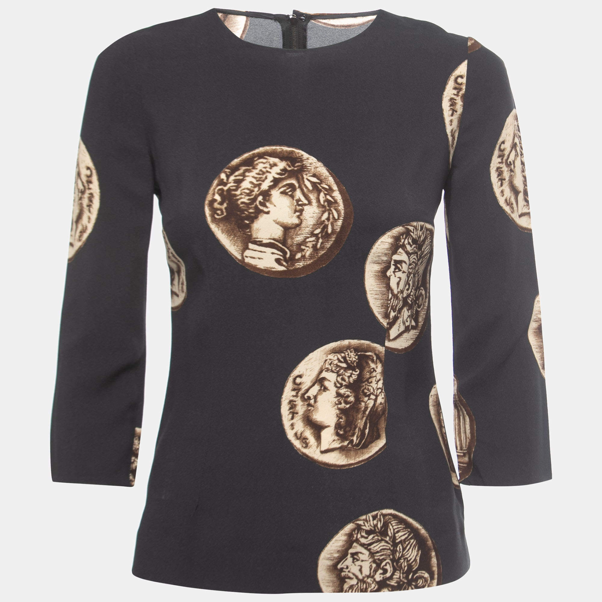 Pre Owned Dolce & Gabbana Black Coin Printed Crepe Top XS