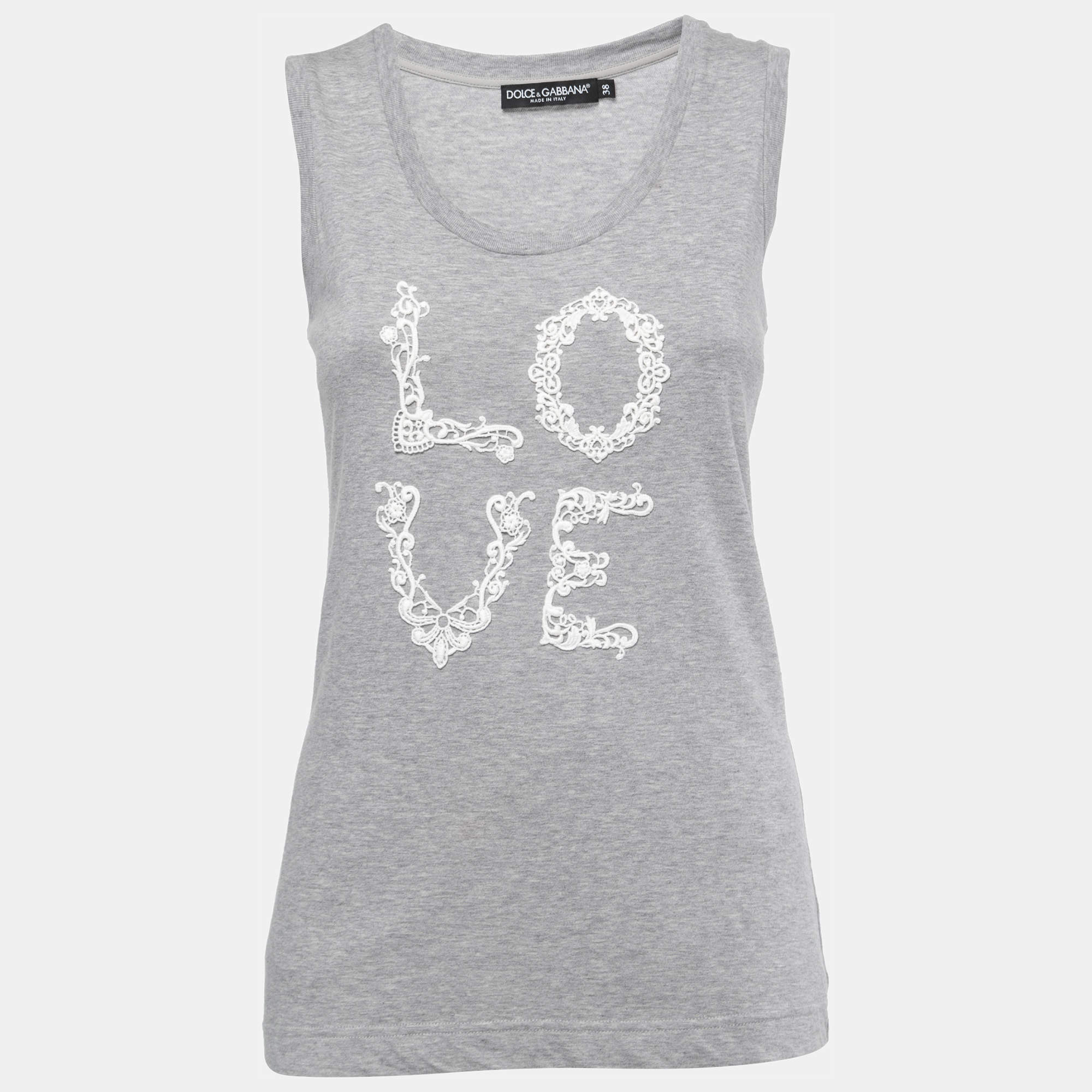 Pre Owned Dolce & Gabbana Grey Cotton LOVE Lace Patterned Tank Top S
