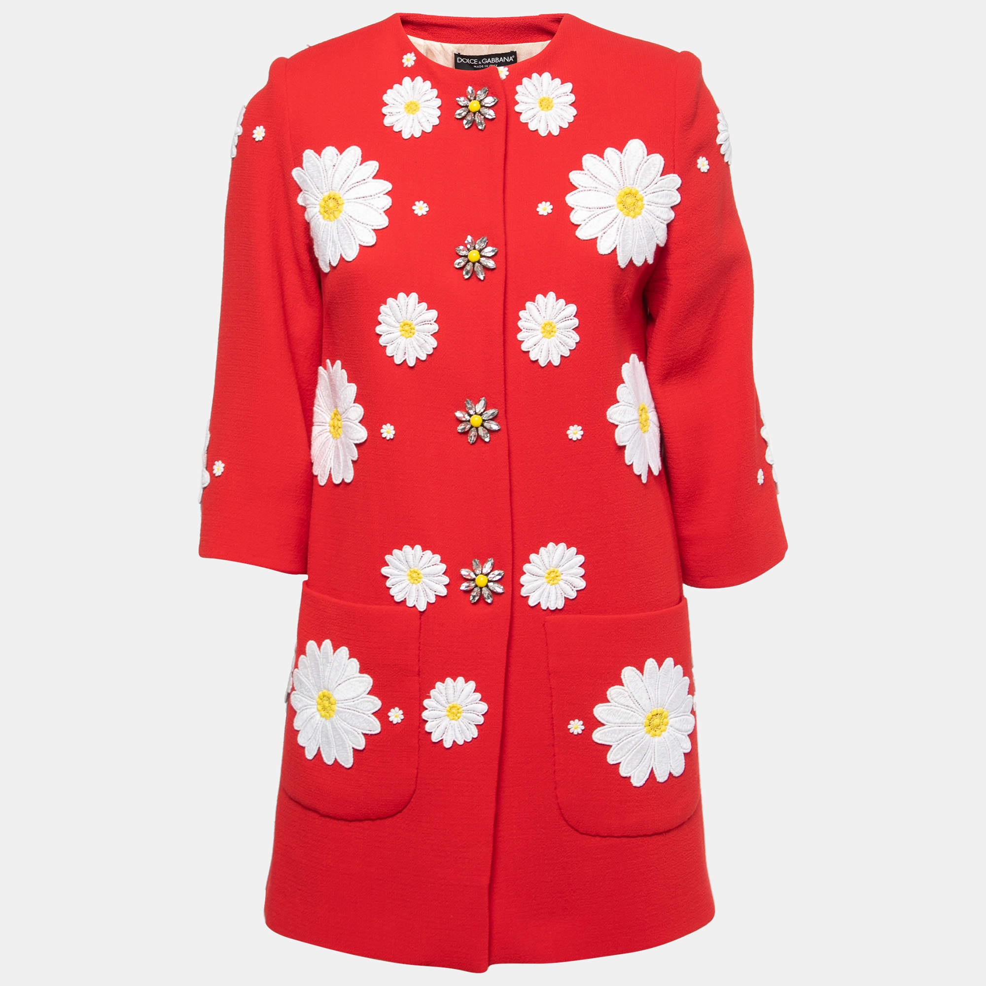 Dolce & Gabbana Red Wool Flower Applique 3/4 Sleeve Coat M