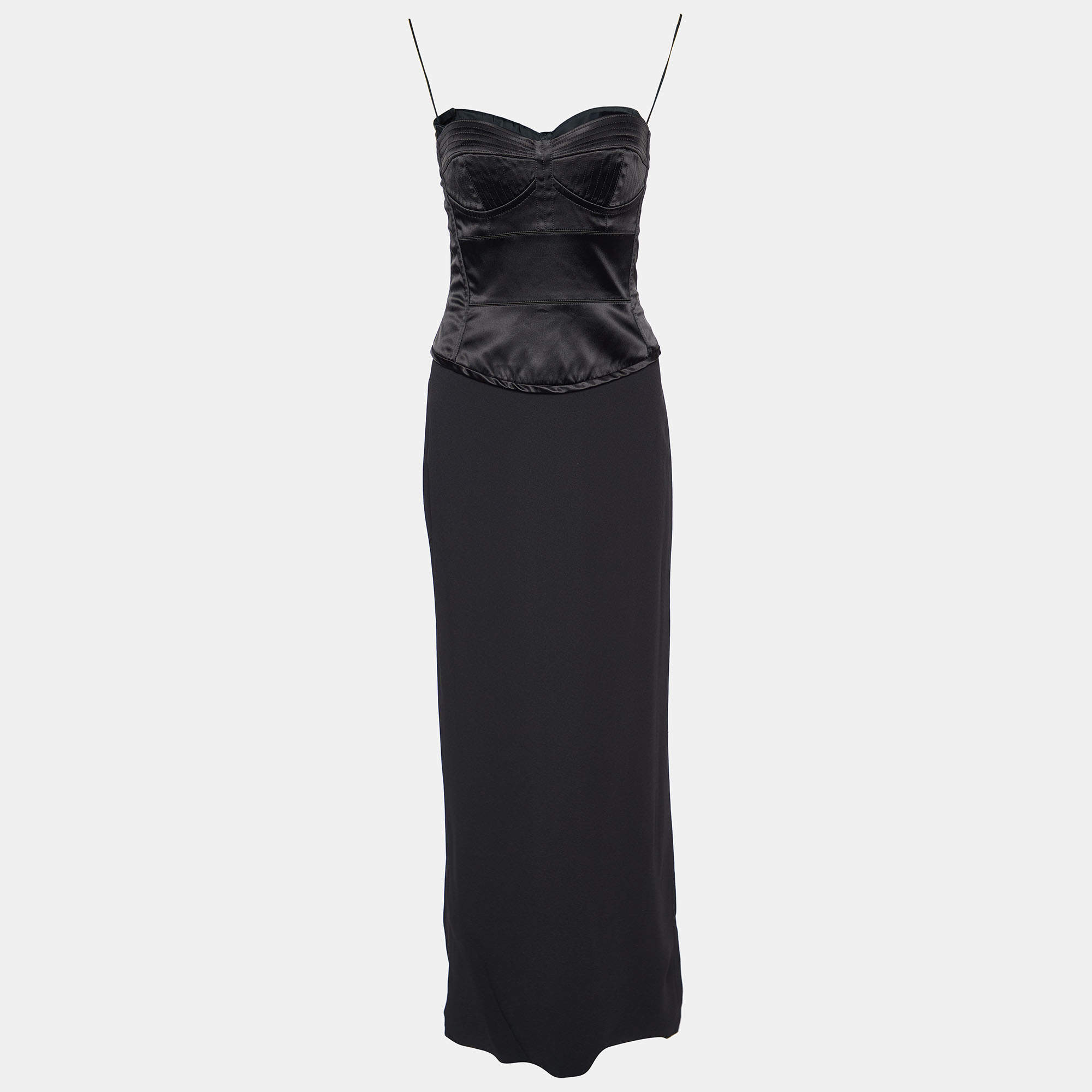 Pre Owned Dolce & Gabbana Black Satin & Crepe Strapless Bustier Maxi Dress M