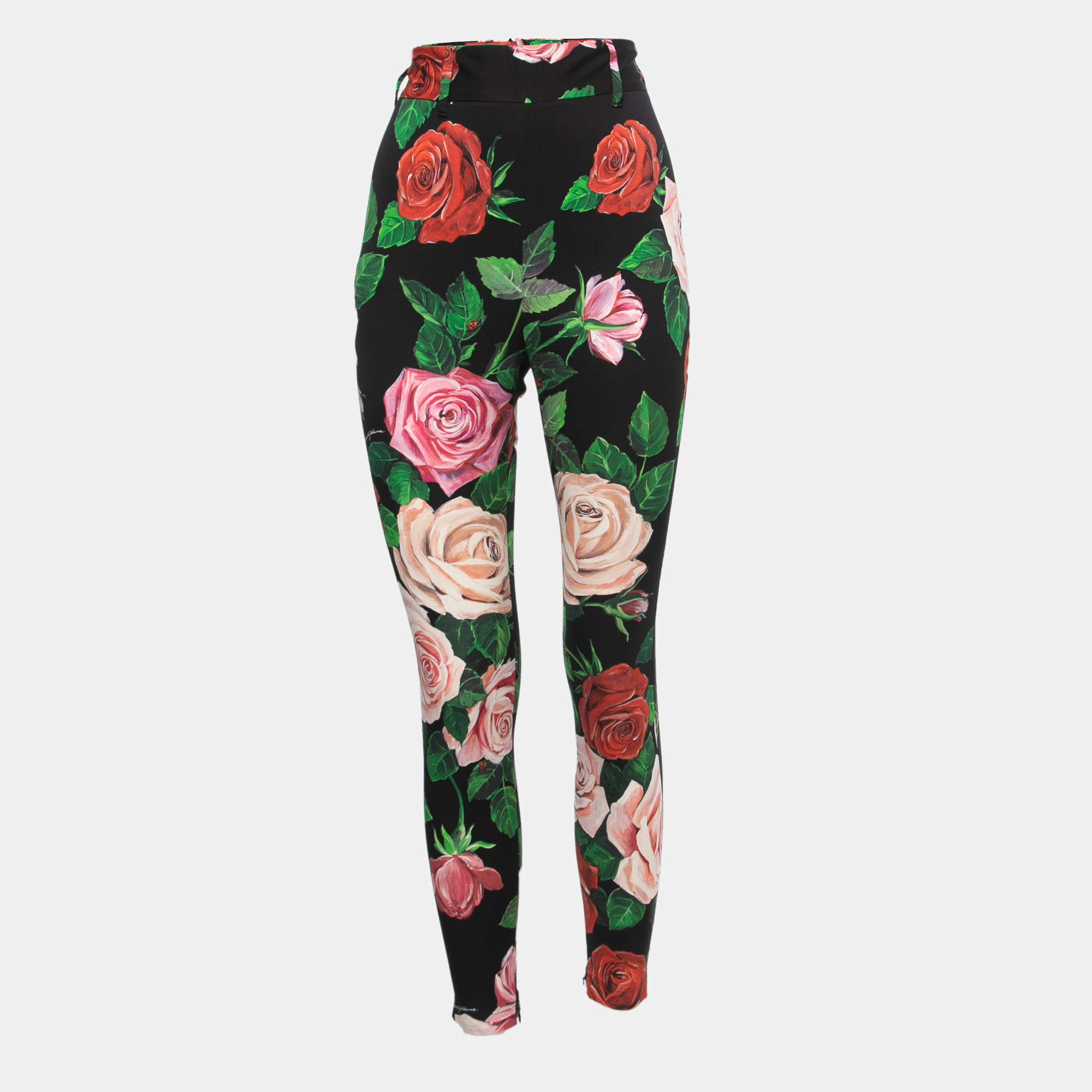 Pre Owned Dolce & Gabbana Black Floral Printed Silk High Waist Slim Trousers S