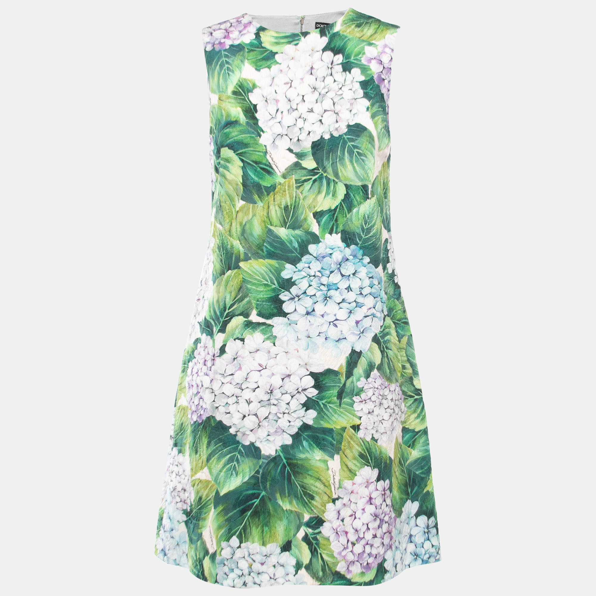 Pre Owned Dolce & Gabbana Green Floral Patterned Jacquard Sleeveless Short Dress XS